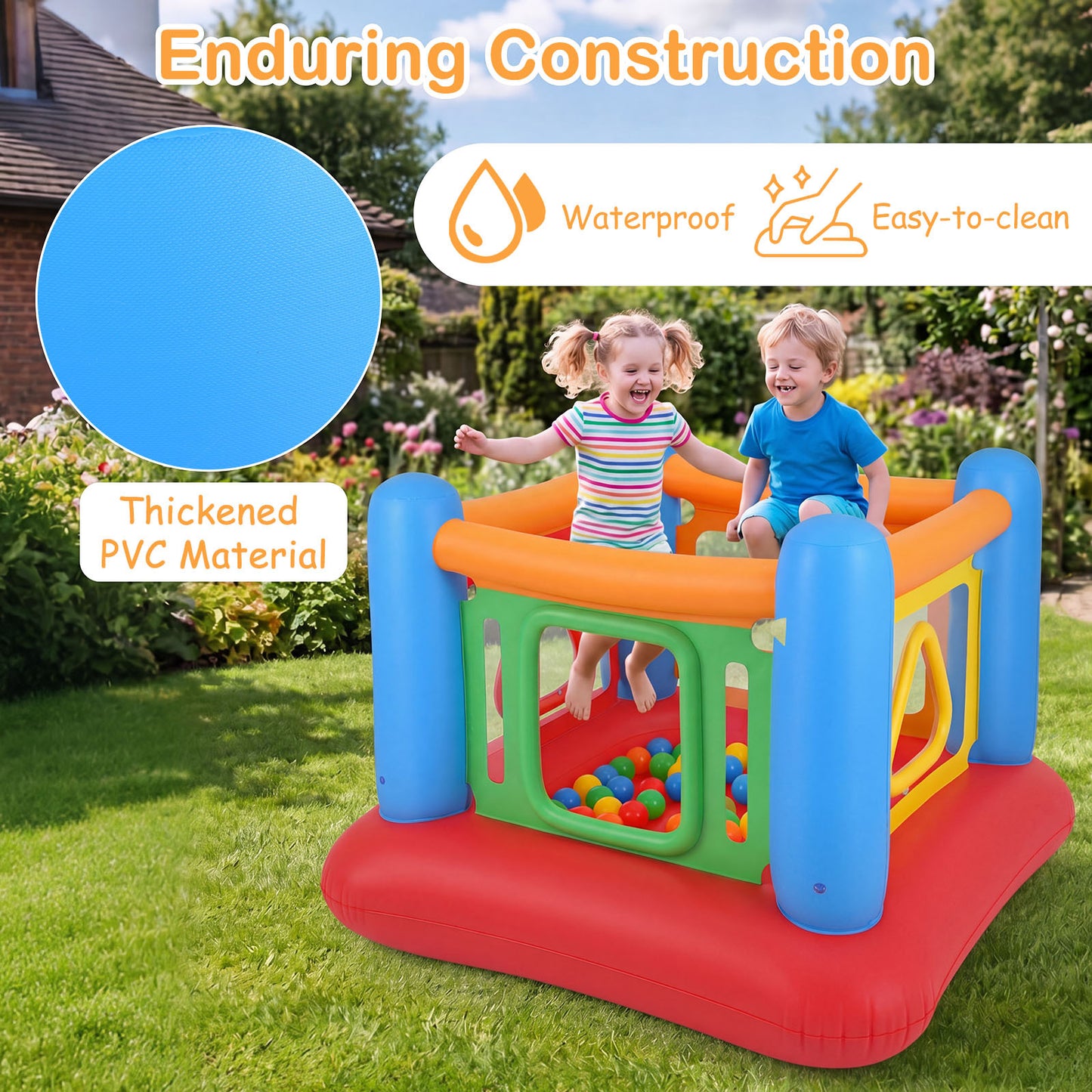 Costway Opblaasbaar Springkussen 3-in-1 Speelkasteel Trampoline met 4 Deuren en Veiligheidsnet Opblaasbare Speeltuin voor Binnen en Buiten