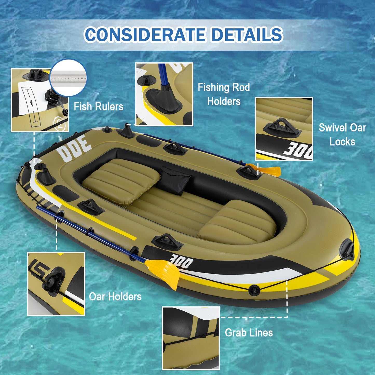 Costway Opblaasbare Rubberboot voor 2 Volwassenen & 1 Kind Vissersboot met 3 Luchtkamers Boston-ventielen
