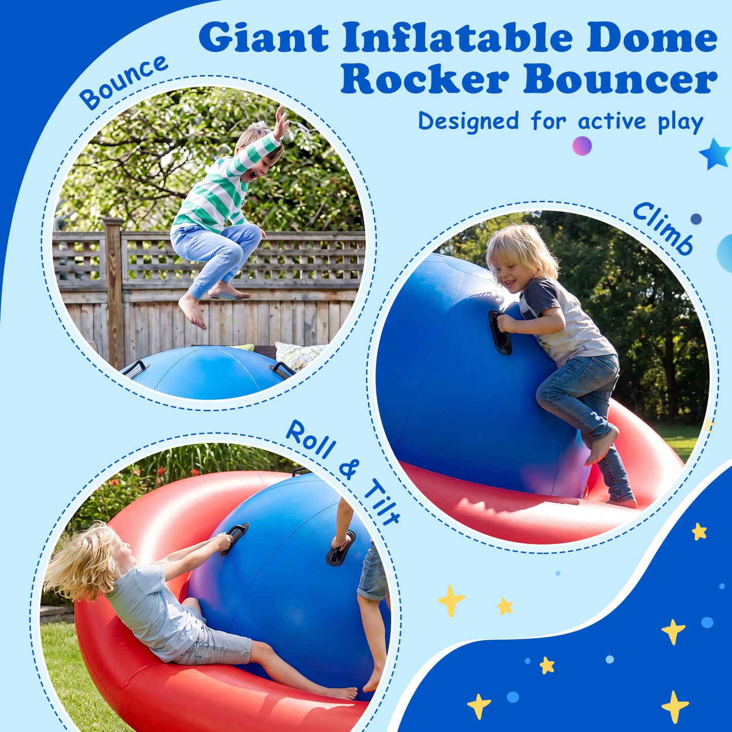 Costway Opblaasbare Schommelbal voor Kinderen 223 cm Kantel- en Springkussen met 6 Ingebouwde Handgrepen Binnen Buiten Rood+Blauw