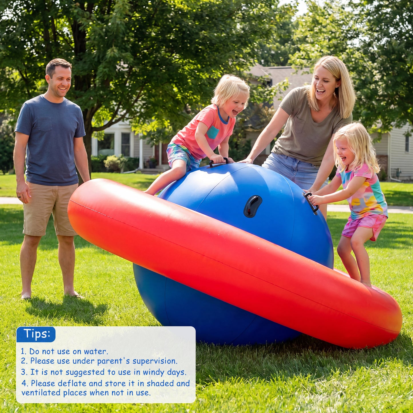 Costway Opblaasbare Schommelbal voor Kinderen 223 cm Kantel- en Springkussen met 6 Ingebouwde Handgrepen Binnen Buiten Rood+Blauw