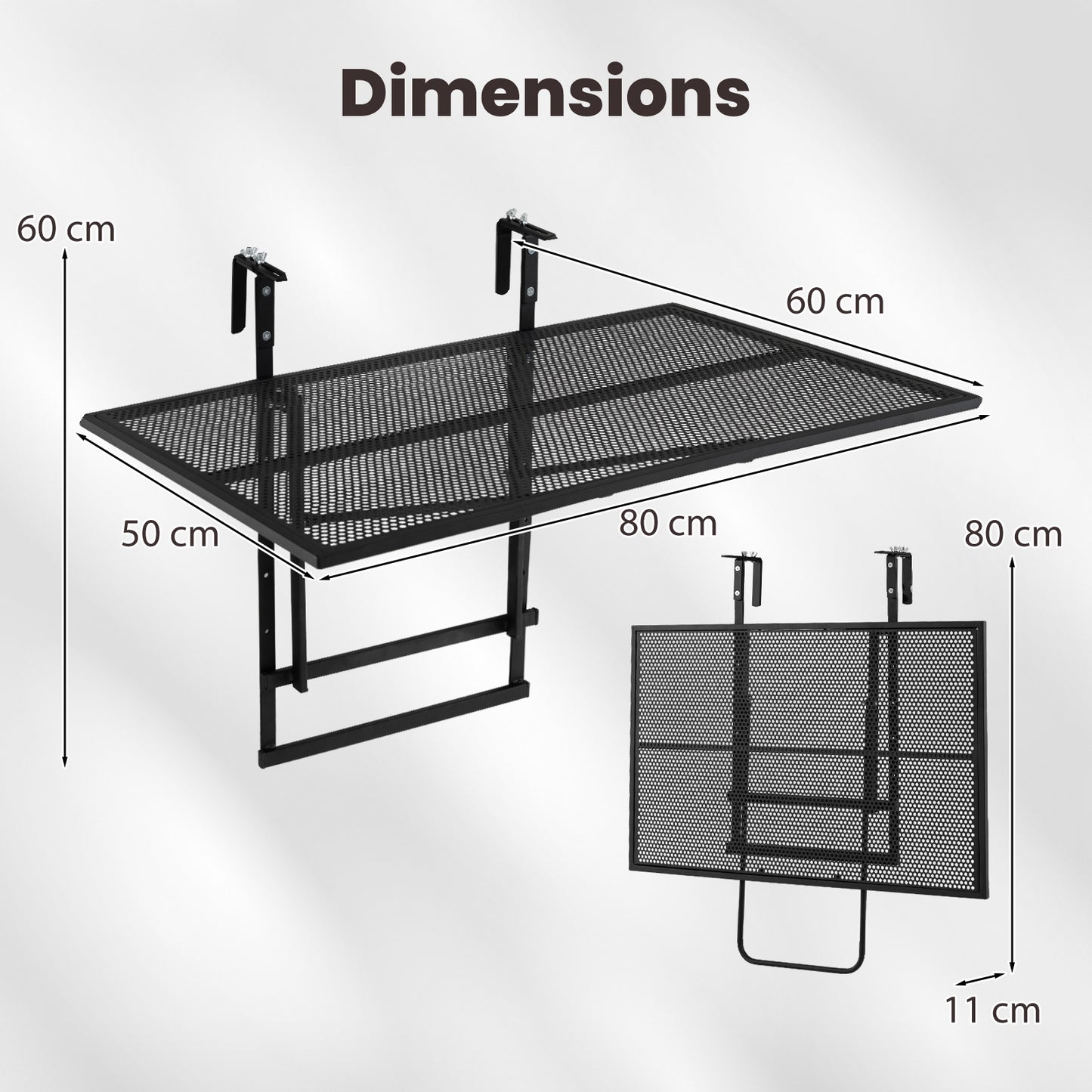 Costway Opvouwbare Balkontafel Metalen Hangtafel voor Balustrades met Verstelbare Beugelbreedte in 5 Standen in Hoogte Verstelbare Balkonhangtafel