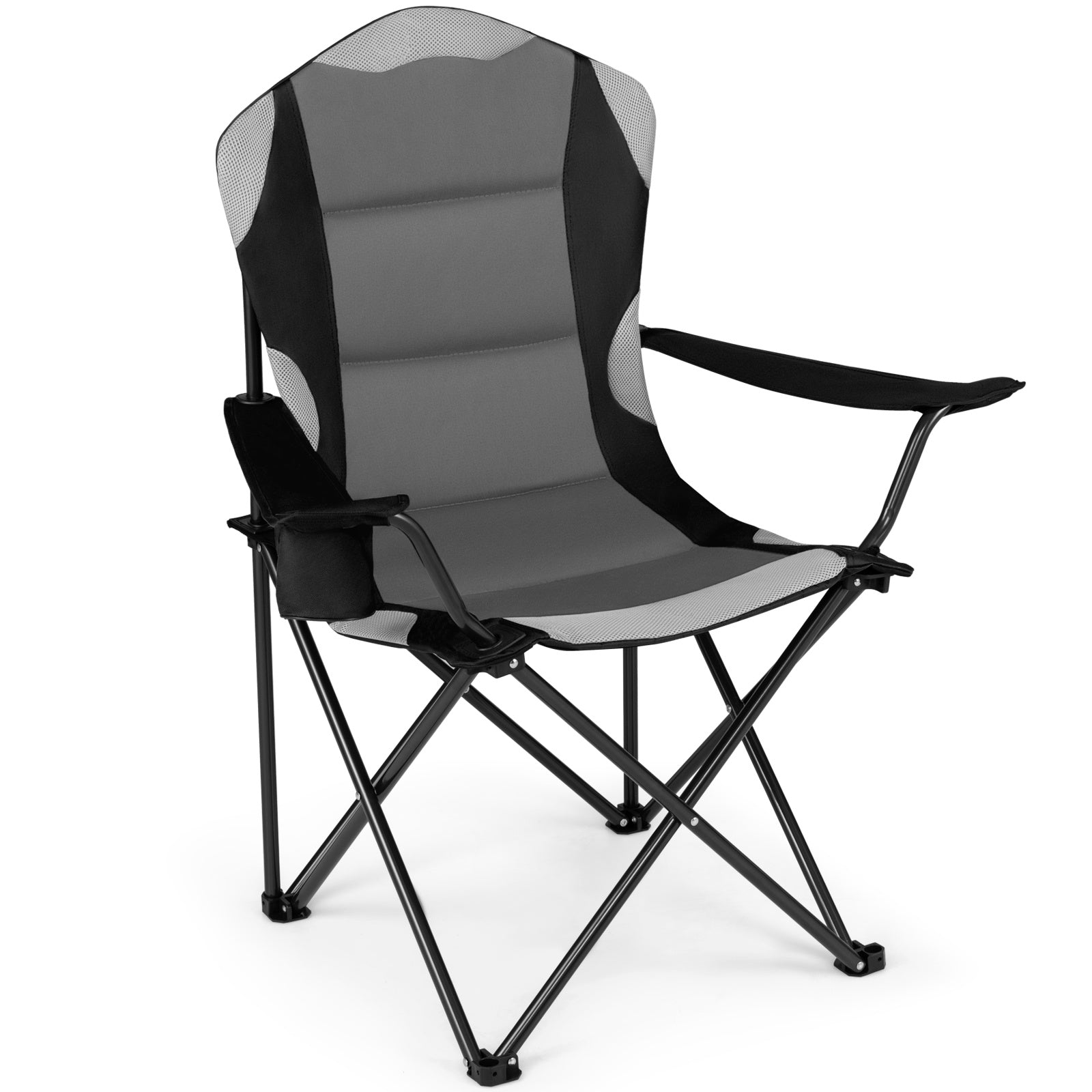 Costway Opvouwbare Campingstoel Draagbare Visstoel met Bekerhouder Antislip Voeten Draagtas tot 150 kg Belastbaar Zwart