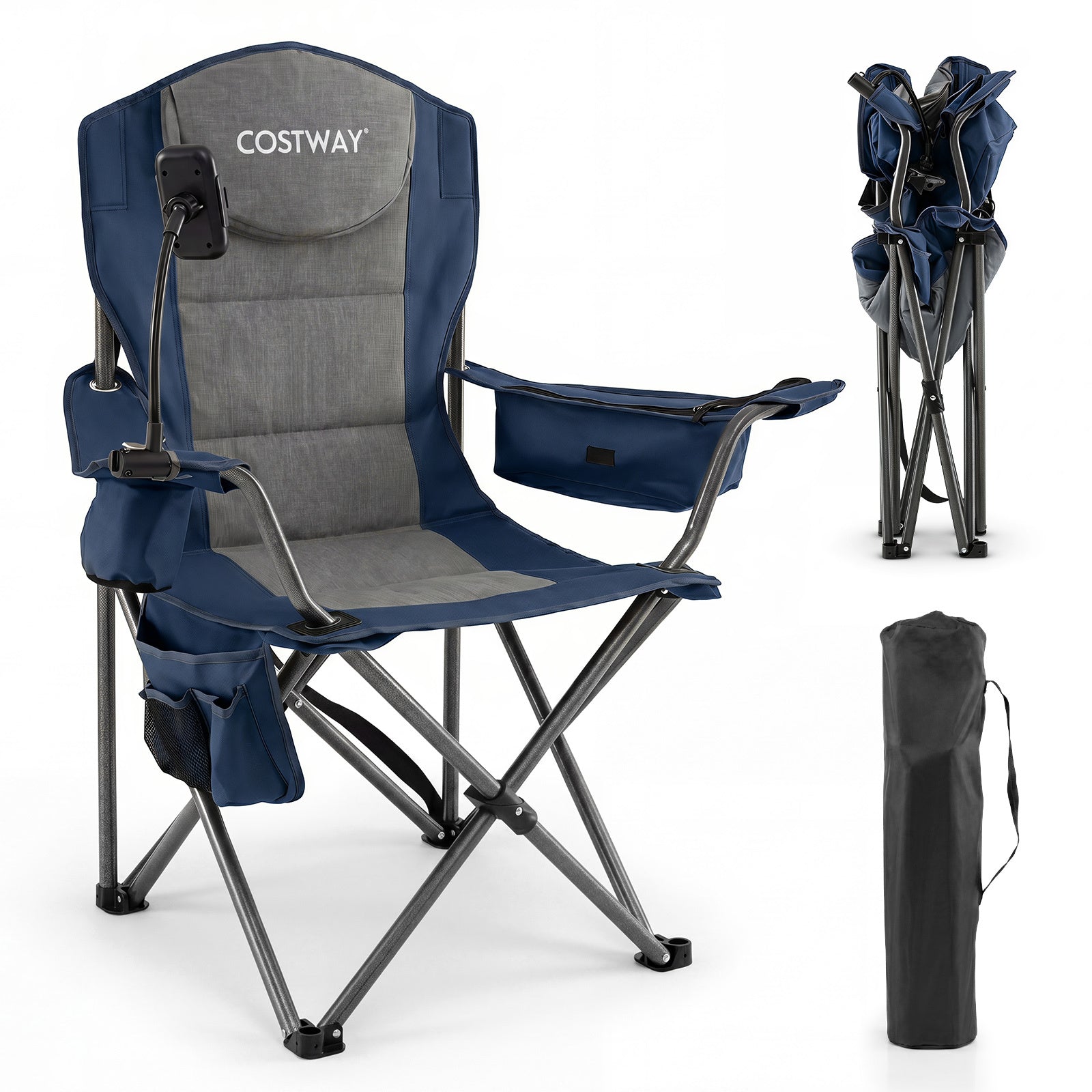 Costway Opvouwbare Campingstoel Draagbare Visstoel met Koeltas Bekerhouder Zijvak Mobiele Telefoonhouder Draagtas Draagvermogen tot 200 kg Blauw