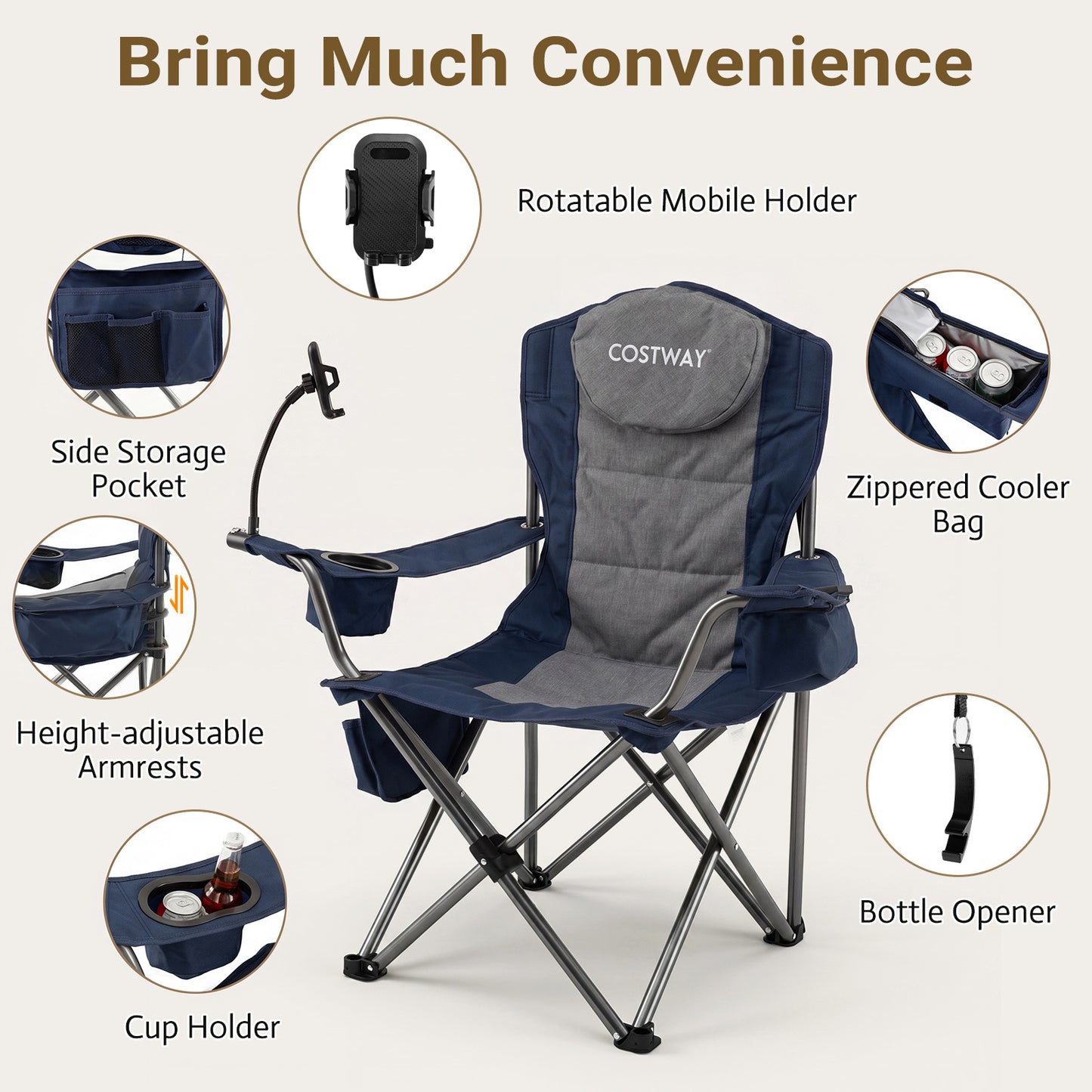 Costway Opvouwbare Campingstoel Draagbare Visstoel met Koeltas Bekerhouder Zijvak Mobiele Telefoonhouder Draagtas Draagvermogen tot 200 kg Blauw