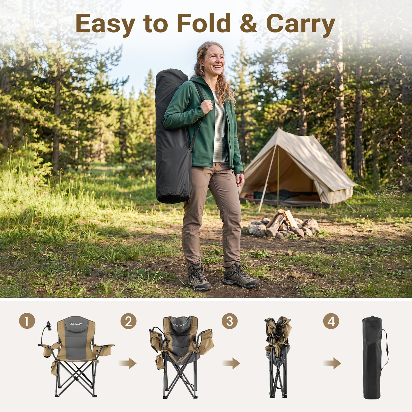Costway Opvouwbare Campingstoel Draagbare Visstoel met Koeltas Bekerhouder Zijvak Mobiele Telefoonhouder Draagtas Draagvermogen tot 200 kg Groen