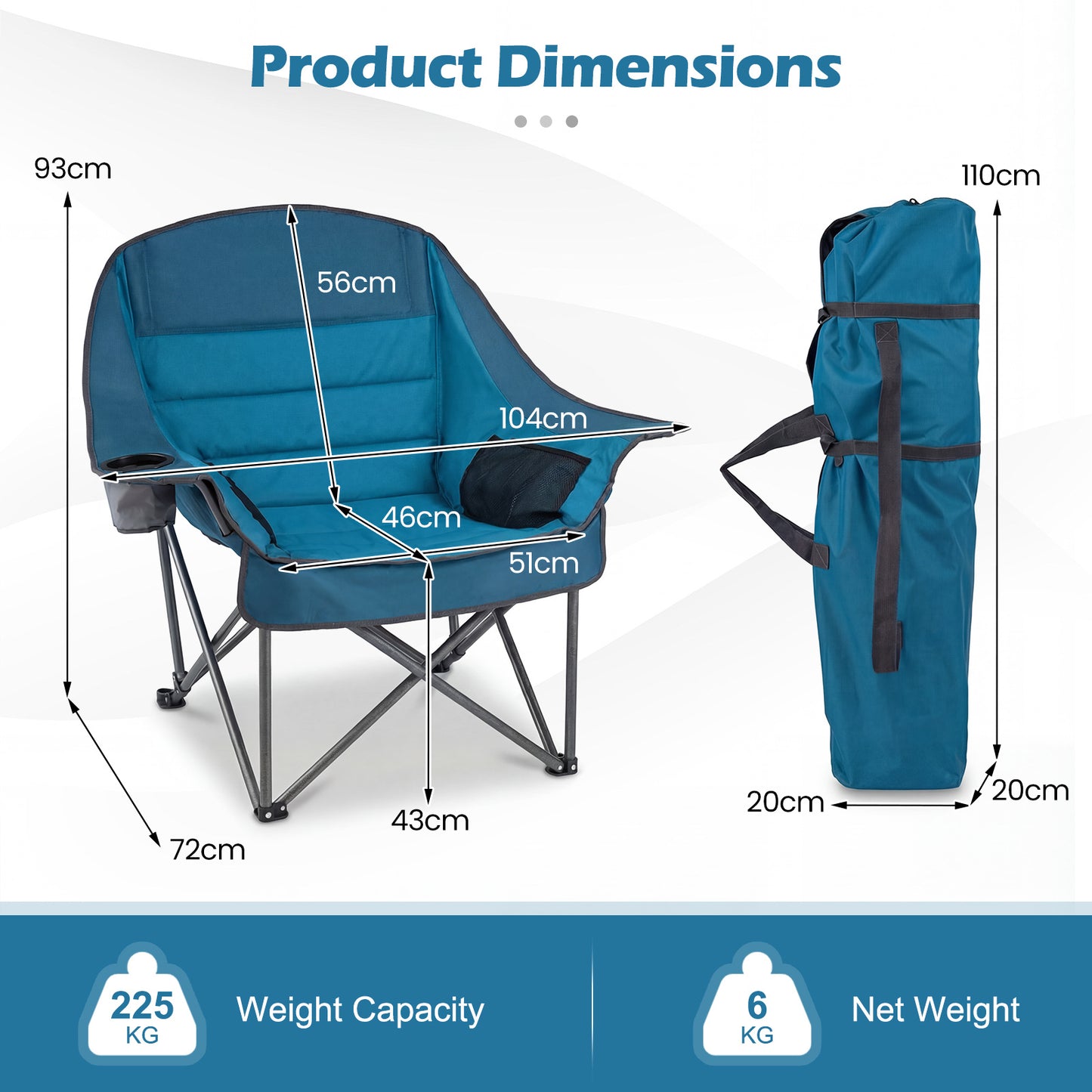 Costway Opvouwbare Campingstoel met Kussen Inklapbare Stoel met Bekerhouder Netzakken en Tas Blauw