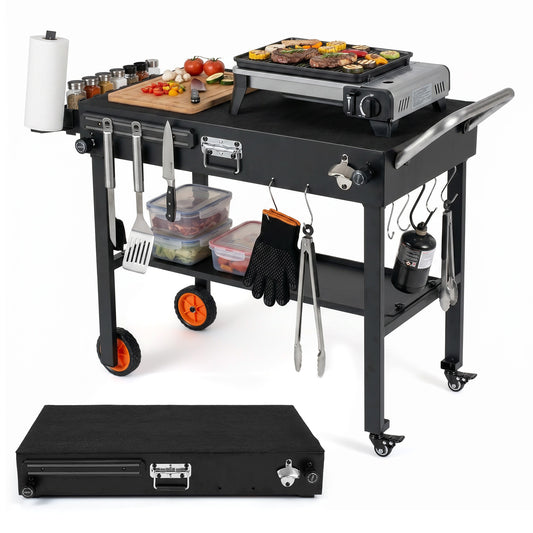 Costway Opvouwbare Grillwagen 82 x 46 cm Draagbare Grilltafel met Wielen Grillstandaard met Werkblad & Hittebeschermmat