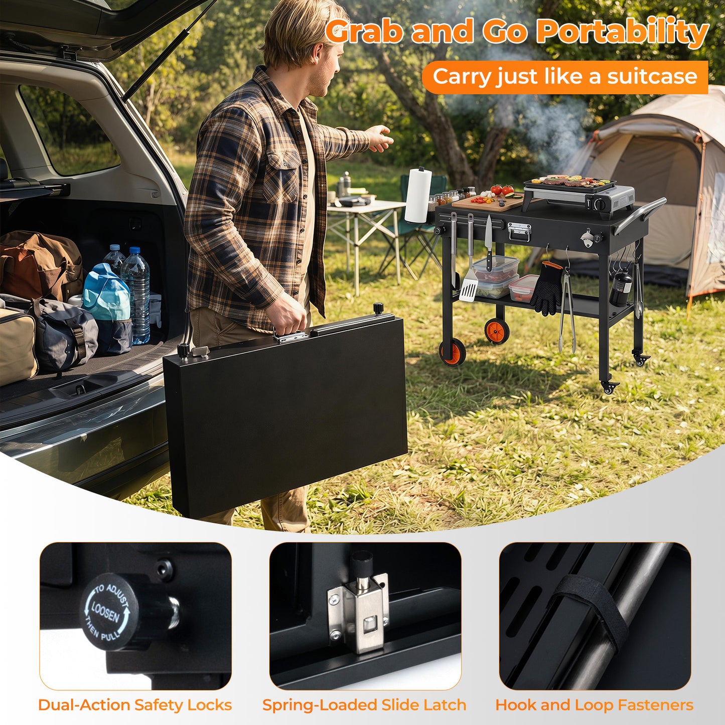 Costway Opvouwbare Grillwagen 82 x 46 cm Draagbare Grilltafel met Wielen Grillstandaard met Werkblad & Hittebeschermmat