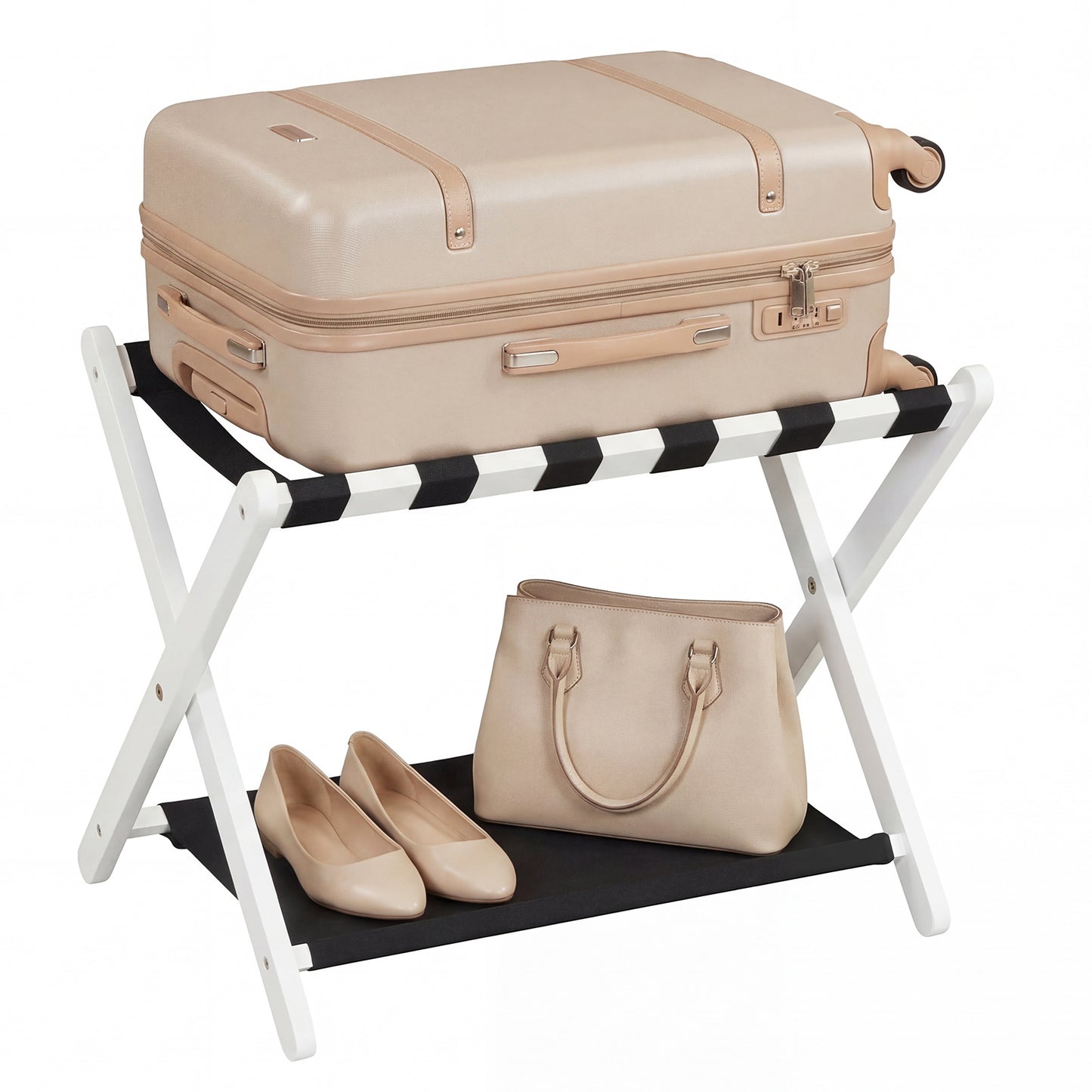 Costway Opvouwbare Kofferstandaard Bagagerek van Rubberboomhout met 2 Legplanken Kofferbok 67 x 46 x 52 cm Wit en Zwart