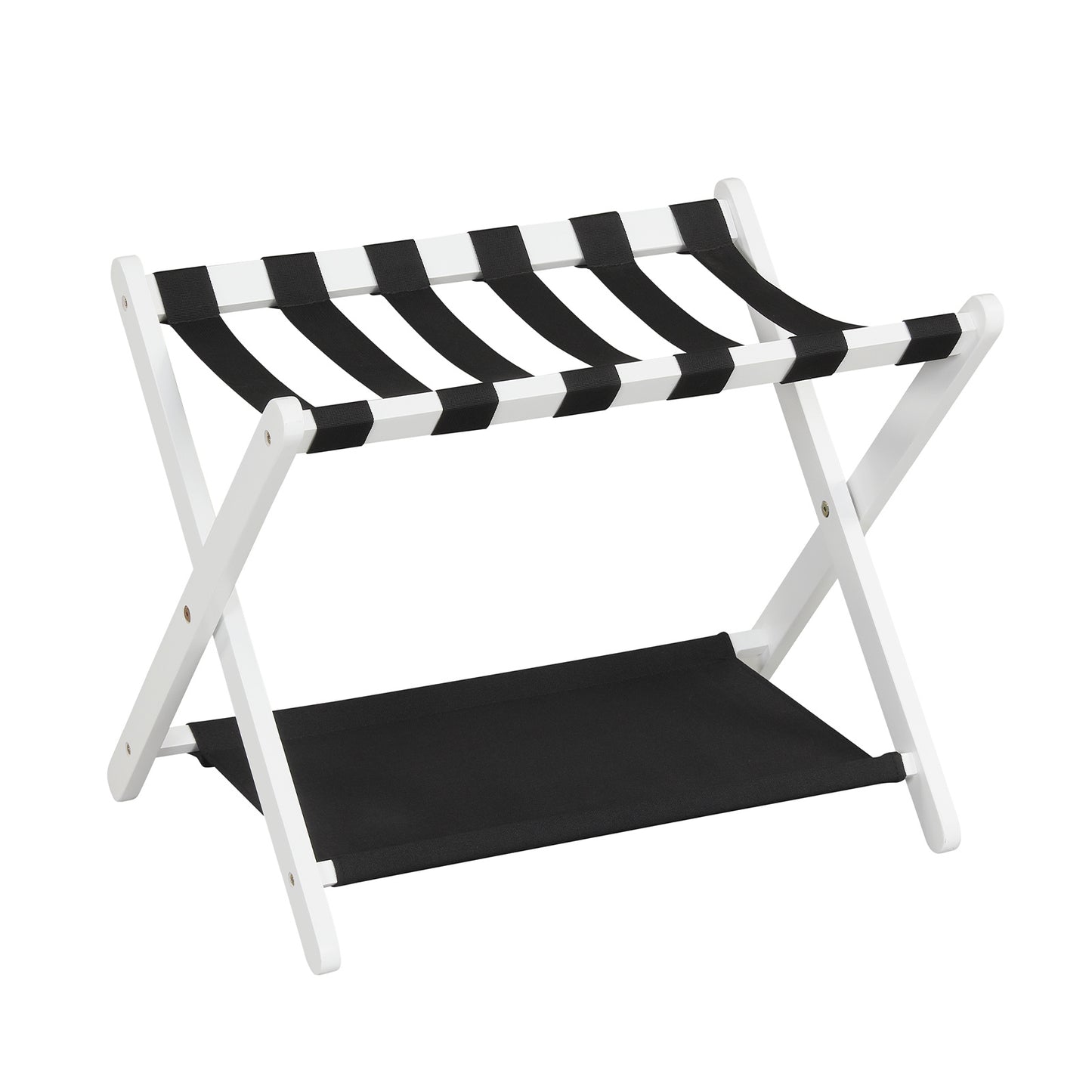 Costway Opvouwbare Kofferstandaard Bagagerek van Rubberboomhout met 2 Legplanken Kofferbok 67 x 46 x 52 cm Wit en Zwart