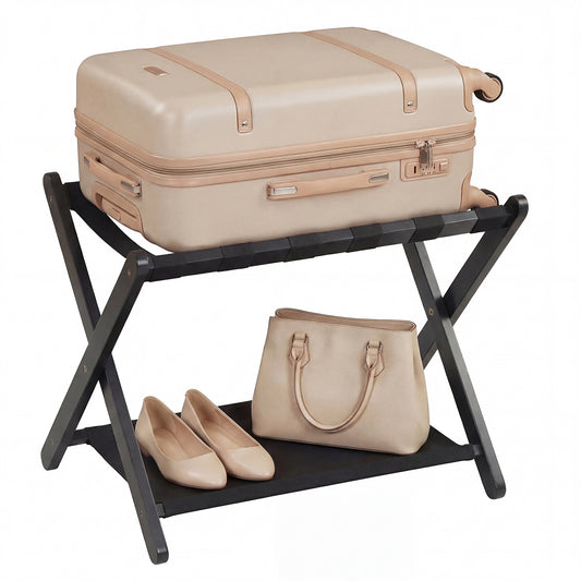 Costway Opvouwbare Kofferstandaard Bagagerek van Rubberboomhout met 2 Legplanken Kofferbok 67 x 46 x 52 cm Zwart