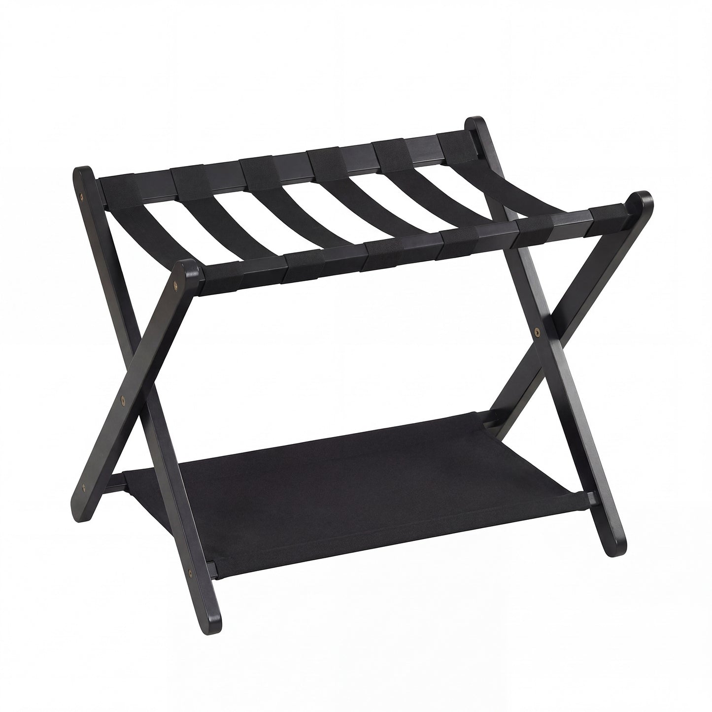 Costway Opvouwbare Kofferstandaard Bagagerek van Rubberboomhout met 2 Legplanken Kofferbok 67 x 46 x 52 cm Zwart