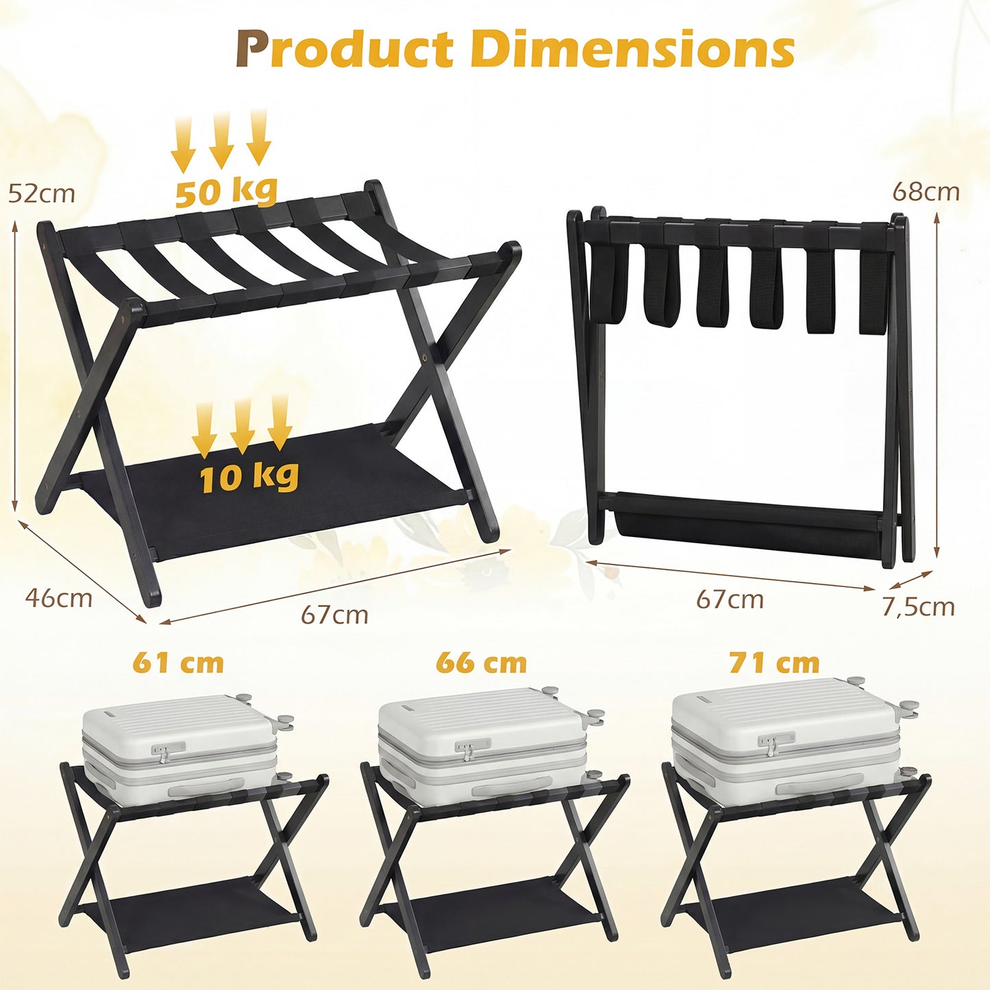 Costway Opvouwbare Kofferstandaard Bagagerek van Rubberboomhout met 2 Legplanken Kofferbok 67 x 46 x 52 cm Zwart