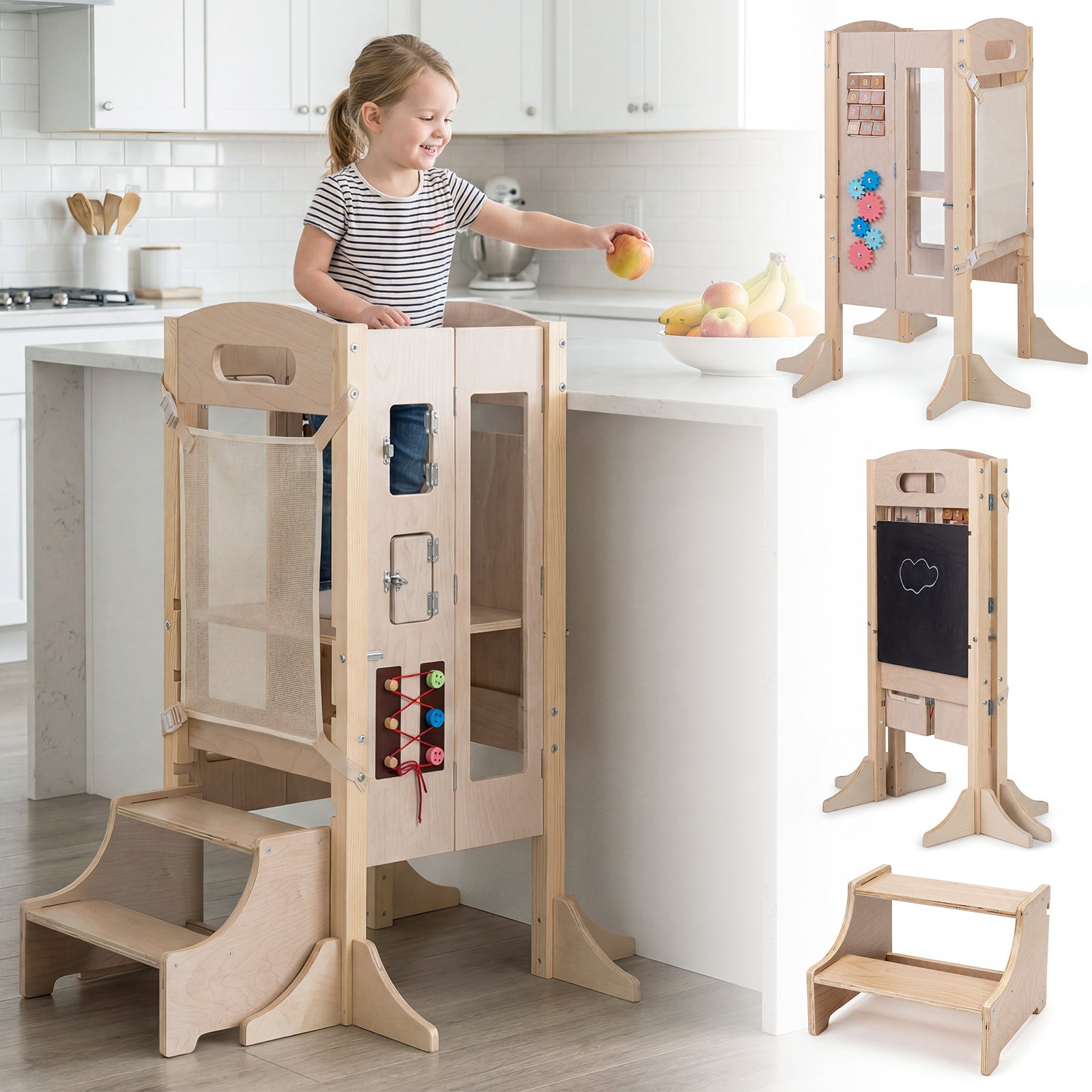 Costway Opvouwbare Leertoren 3-in-1 Montessori-leerstoel met Krijtbord in Hoogte Verstelbare Keukenhulp met Kantelbeveiliging