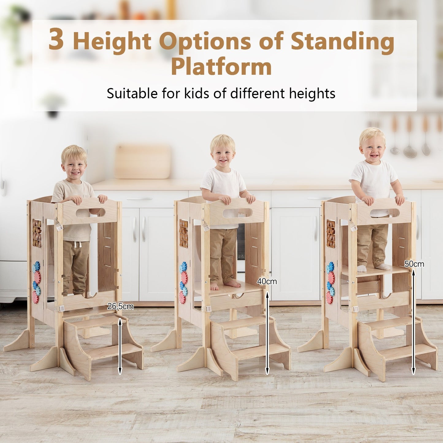 Costway Opvouwbare Leertoren 3-in-1 Montessori-leerstoel met Krijtbord in Hoogte Verstelbare Keukenhulp met Kantelbeveiliging