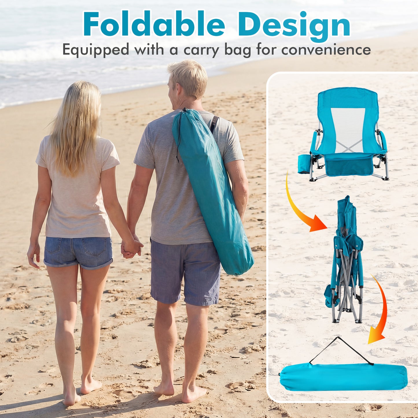 Costway Opvouwbare Strandstoel Campingstoel met Ademend Netweefsel Opvouwbare Stoel met Gevoerde Armleuningen