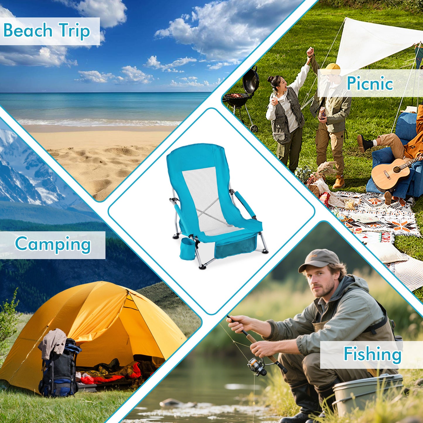 Costway Opvouwbare Strandstoel Campingstoel met Ademend Netweefsel Opvouwbare Stoel met Gevoerde Armleuningen