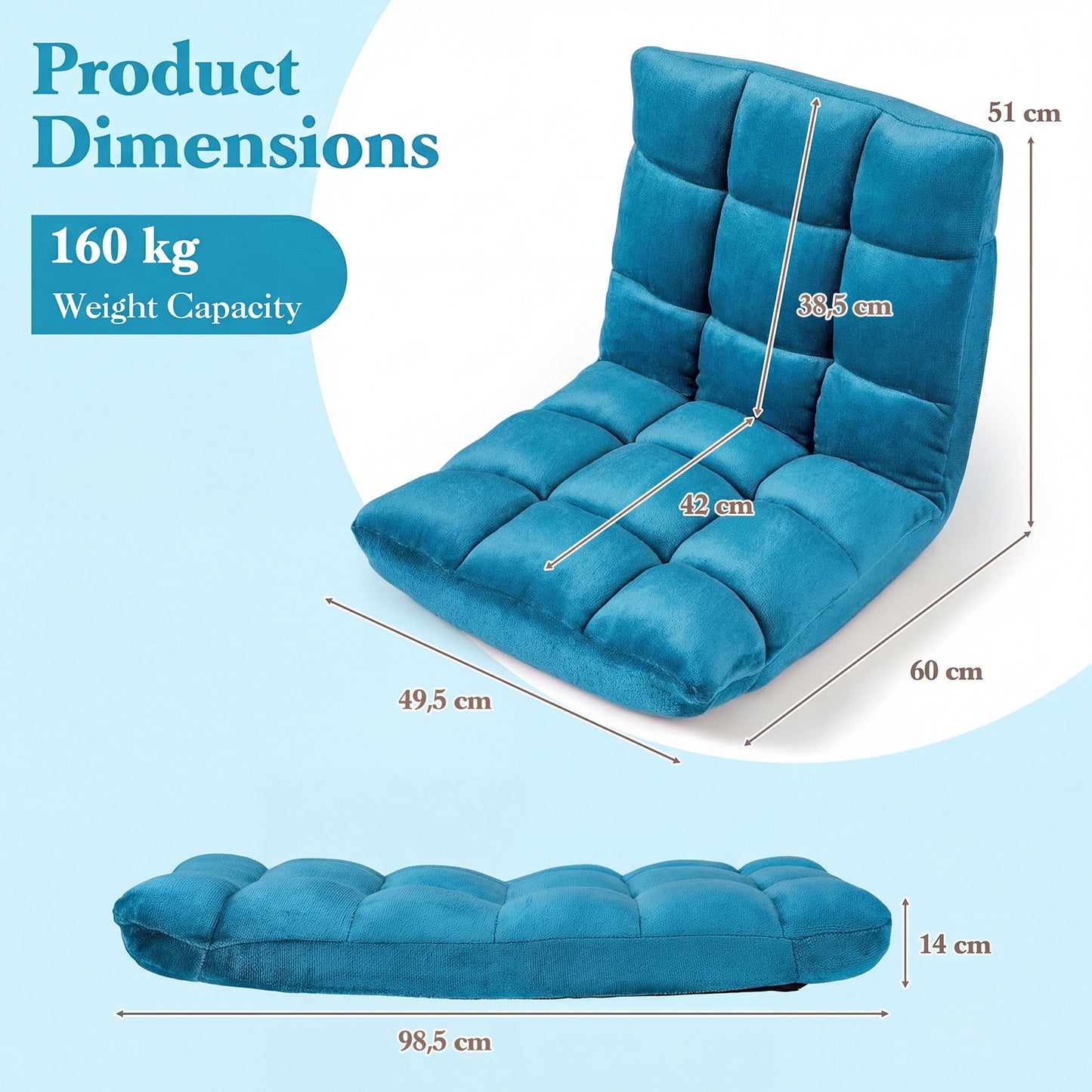 Costway Opvouwbare Tatami-ligstoel Verstelbare Stoel met Rugleuning in 14 Standen Schuim met Hoge Dichtheid Marineblauw