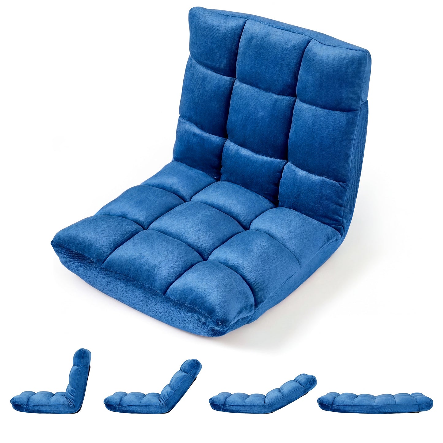 Costway Opvouwbare Vloerstoel van Flanel Tatami-luiebank met Verstelbare Rugleuning 14 Standen Blauw