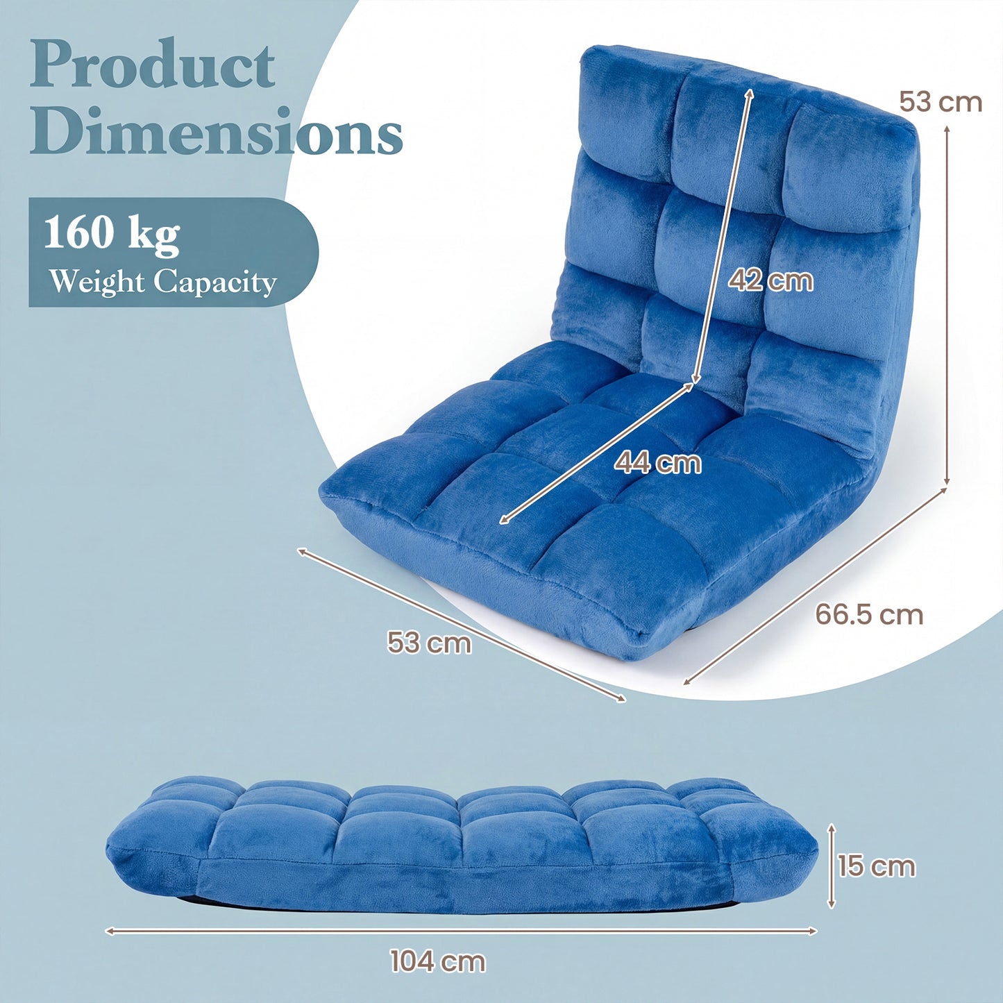 Costway Opvouwbare Vloerstoel van Flanel Tatami-luiebank met Verstelbare Rugleuning 14 Standen Blauw