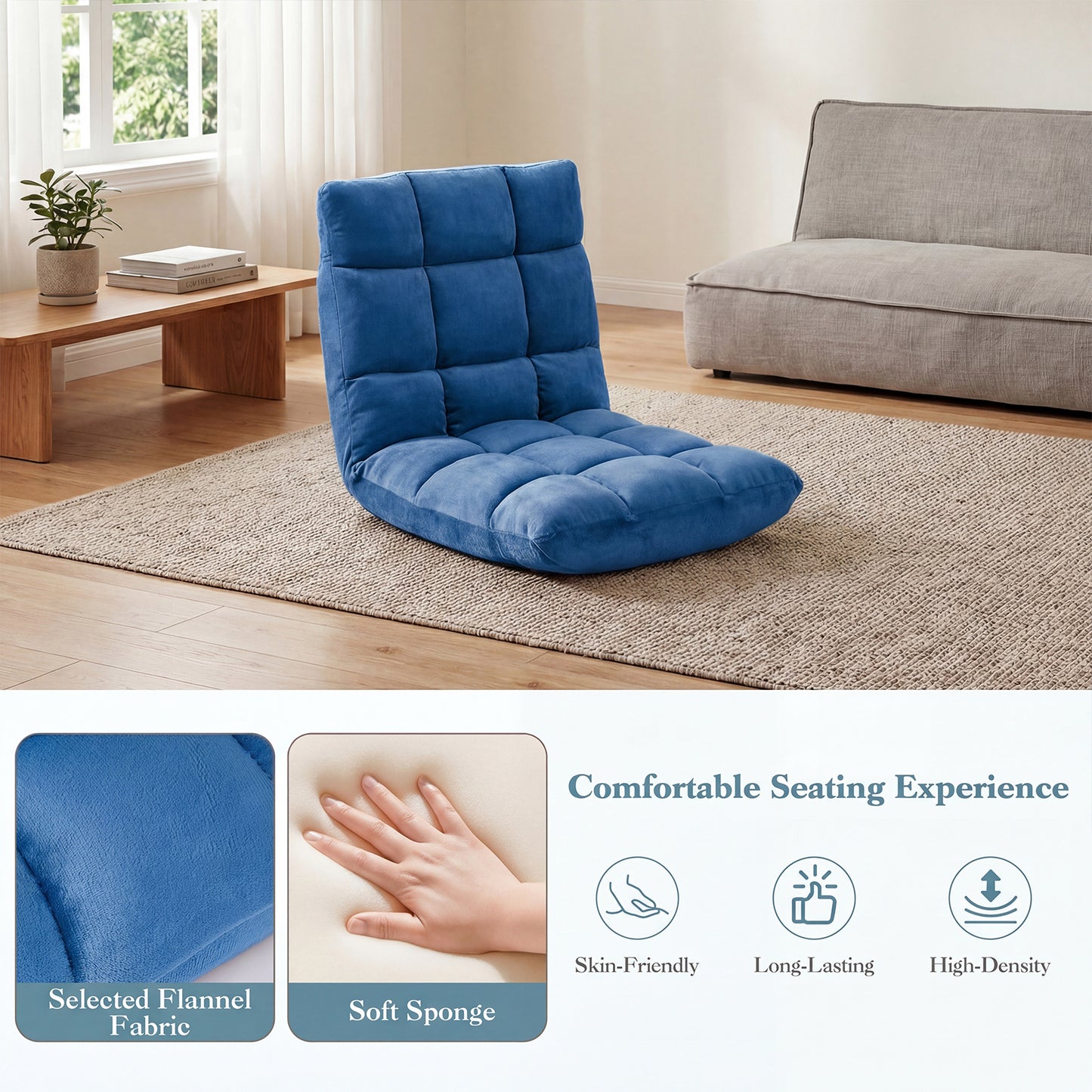 Costway Opvouwbare Vloerstoel van Flanel Tatami-luiebank met Verstelbare Rugleuning 14 Standen Blauw