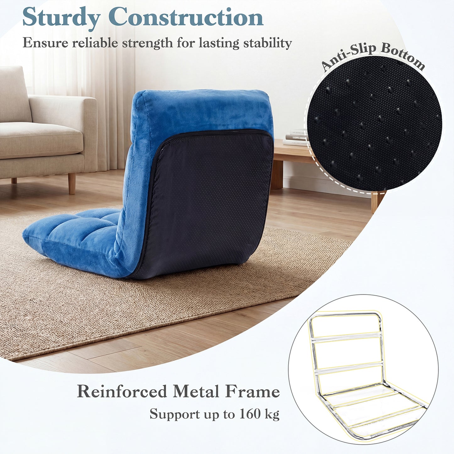 Costway Opvouwbare Vloerstoel van Flanel Tatami-luiebank met Verstelbare Rugleuning 14 Standen Blauw