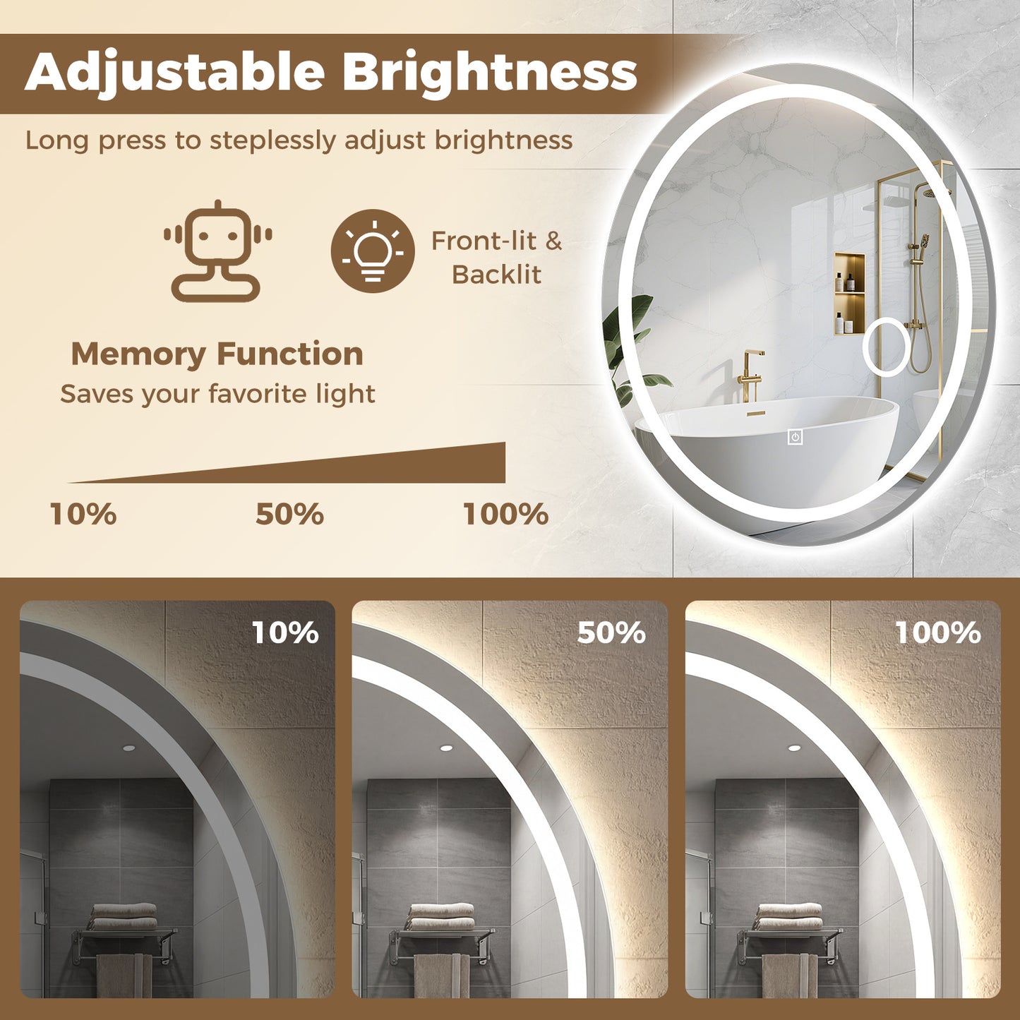 Costway Ovale LED Wandspiegel Dimbare Badkamer Spiegel met 3 Lichtkleuren Geheugenfunctie LED Spiegel