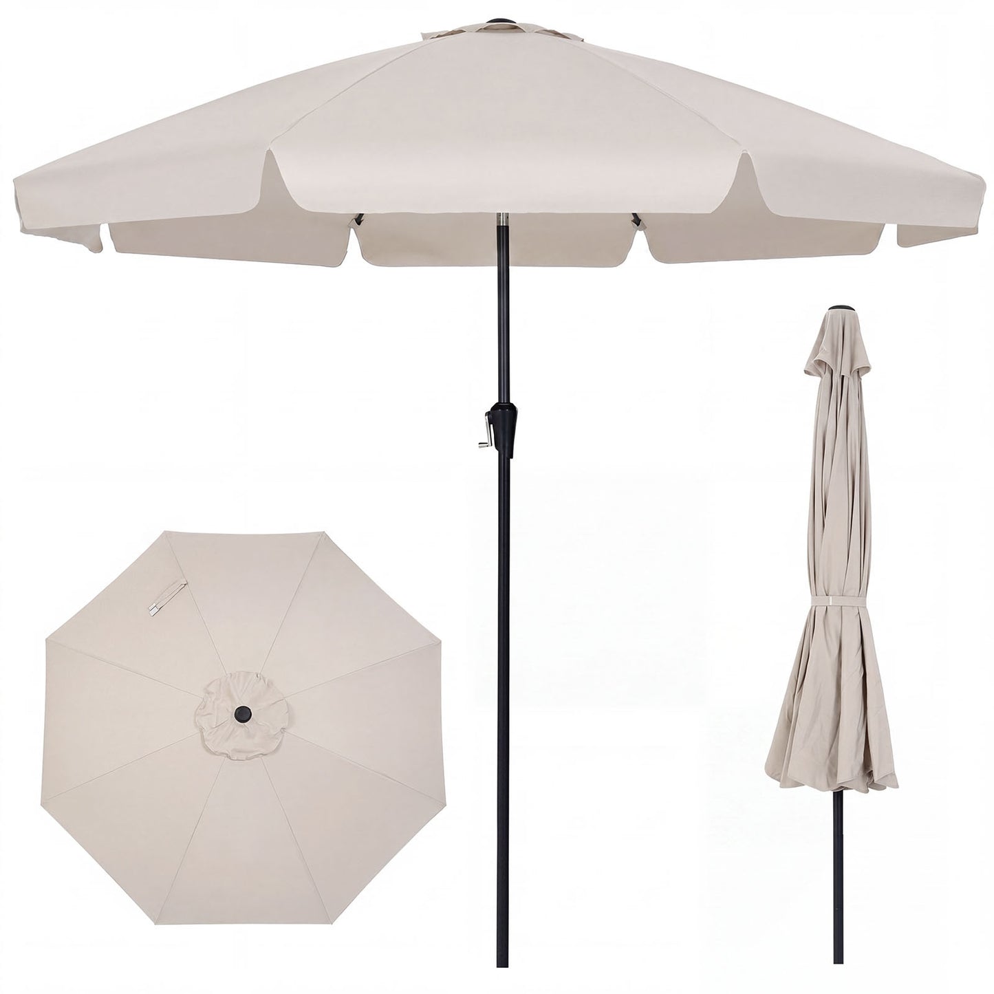 Costway Parasol 286 cm Tuinsol met Slinger & 30° Kantelbaar Zonwering Balkonsol met 8 Glasvezelribben Beige