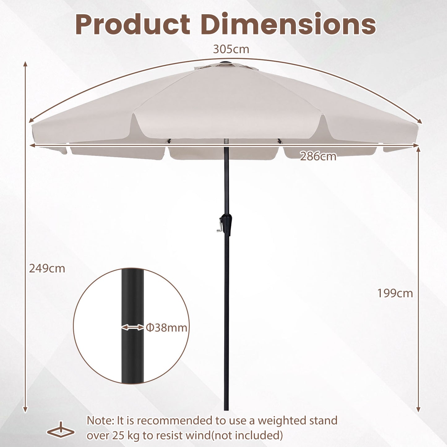 Costway Parasol 286 cm Tuinsol met Slinger & 30° Kantelbaar Zonwering Balkonsol met 8 Glasvezelribben Beige