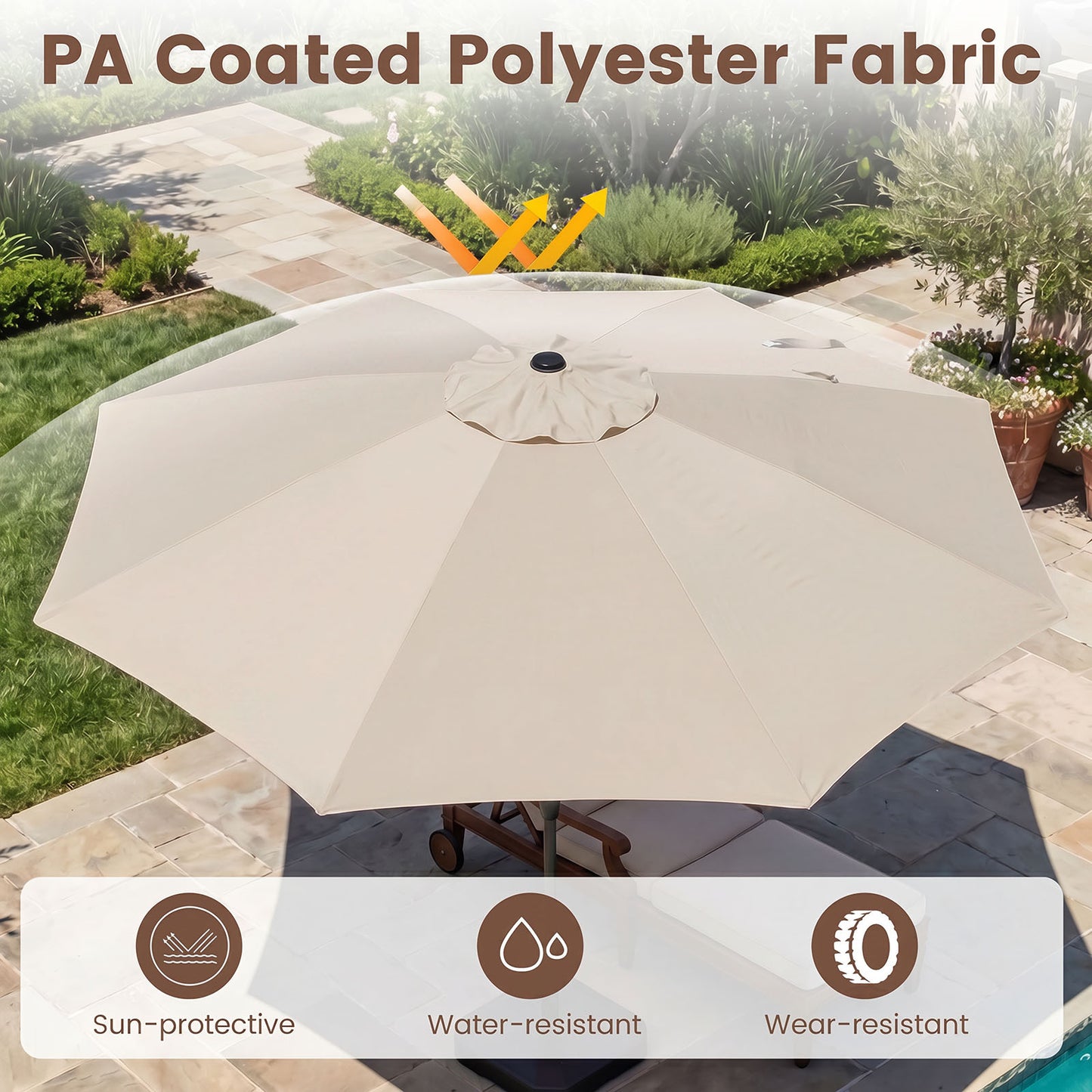 Costway Parasol 286 cm Tuinsol met Slinger & 30° Kantelbaar Zonwering Balkonsol met 8 Glasvezelribben Beige