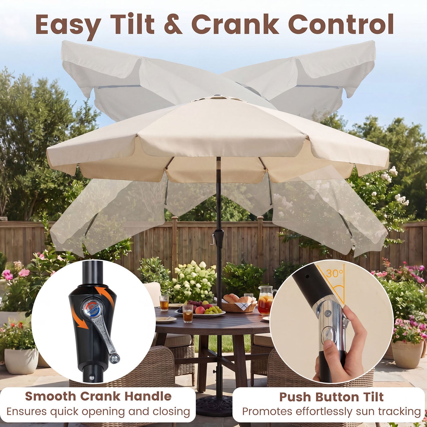 Costway Parasol 286 cm Tuinsol met Slinger & 30° Kantelbaar Zonwering Balkonsol met 8 Glasvezelribben Beige
