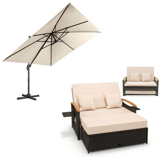 Costway Parasol met 3 Hoekinstellingen + 3-in-1 Dubbele Tuinligstoel Beige Set