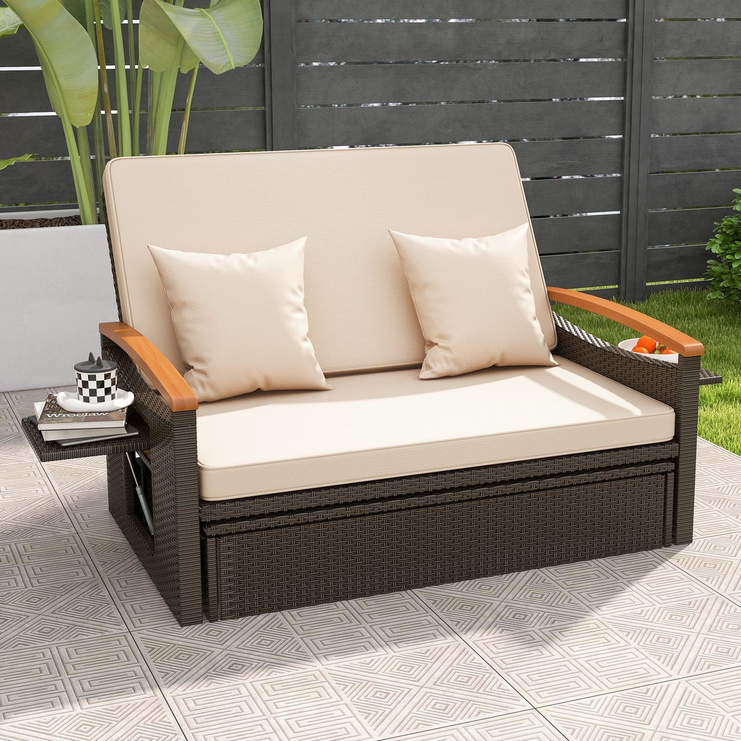 Costway Parasol met 3 Hoekinstellingen + 3-in-1 Dubbele Tuinligstoel Beige Set