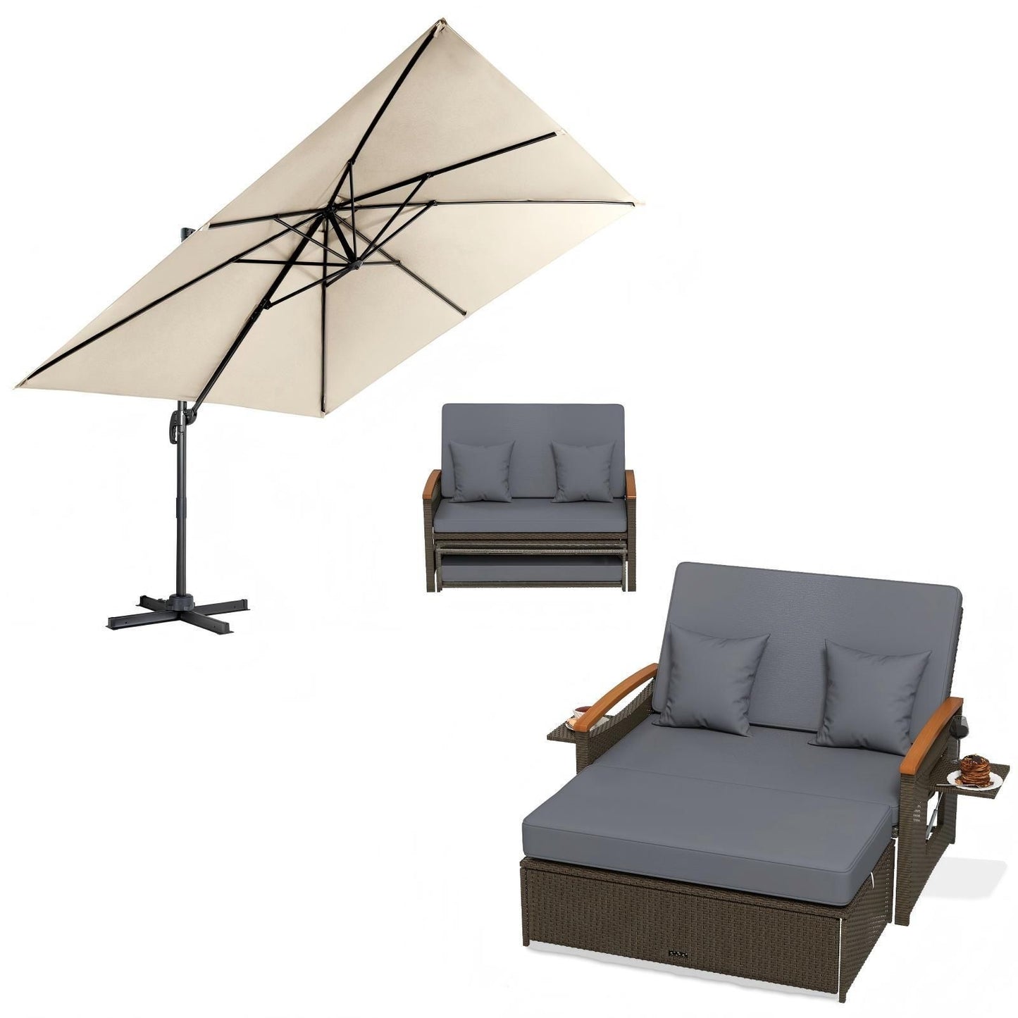 Costway Parasol met 3 Hoekinstellingen + 3-in-1 Dubbele Tuinligstoel Grijs Set