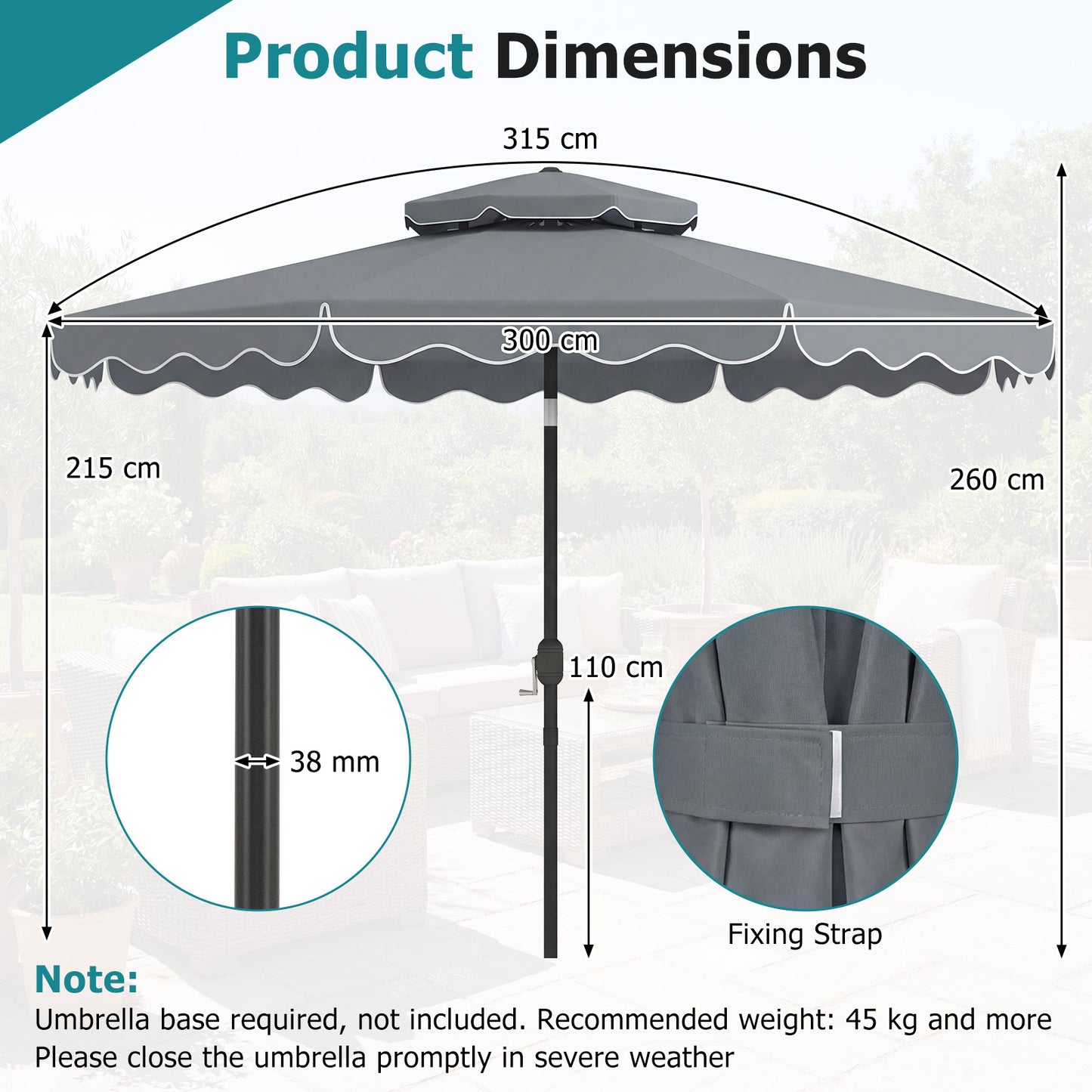 Costway Parasol van 3 x 3 m Terrasparasol met Verstelbare Hoek Stevige Metalen Stok Slinger Grijs