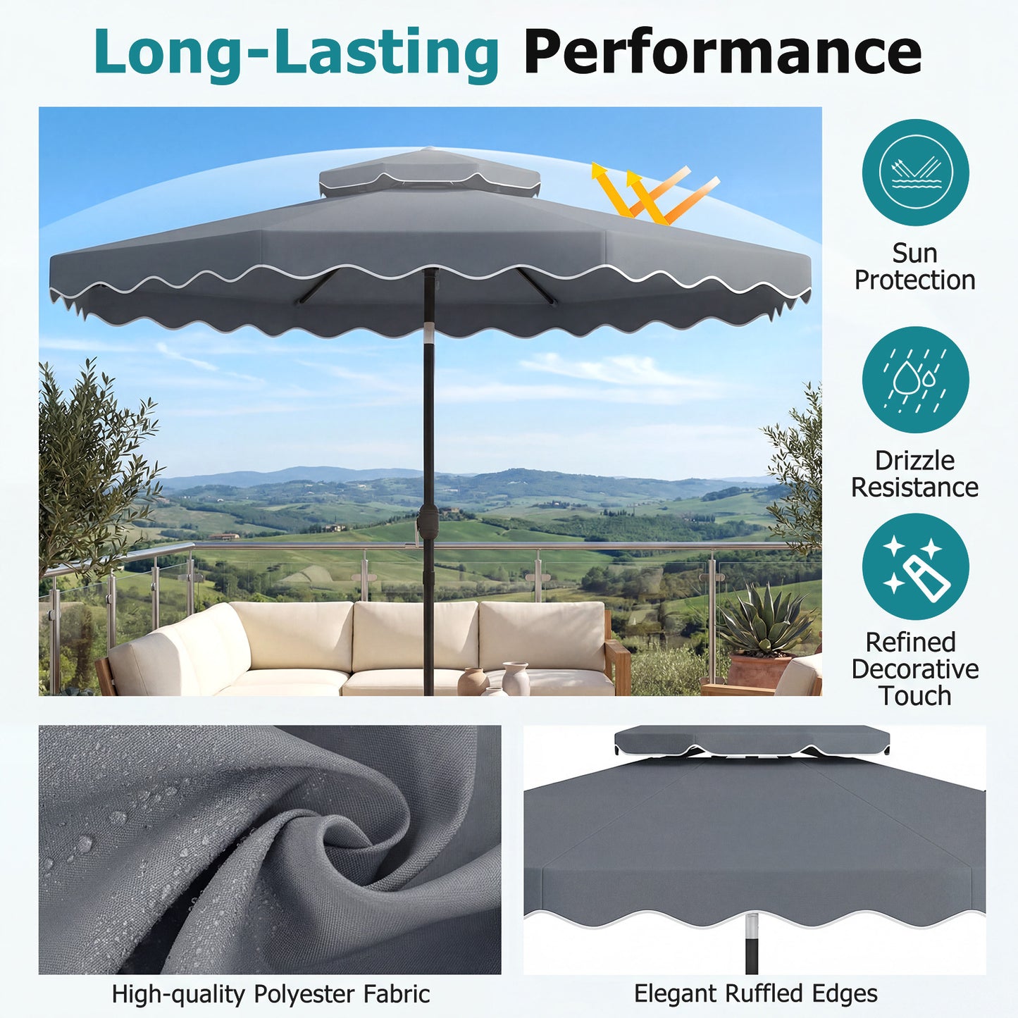 Costway Parasol van 3 x 3 m Terrasparasol met Verstelbare Hoek Stevige Metalen Stok Slinger Grijs