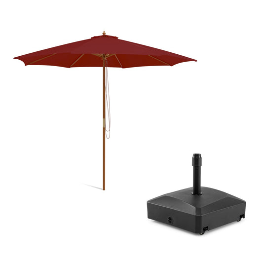 Costway Parasol van 300 cm Wijnrood +Parasolvoet met Wieltjes Vulbare