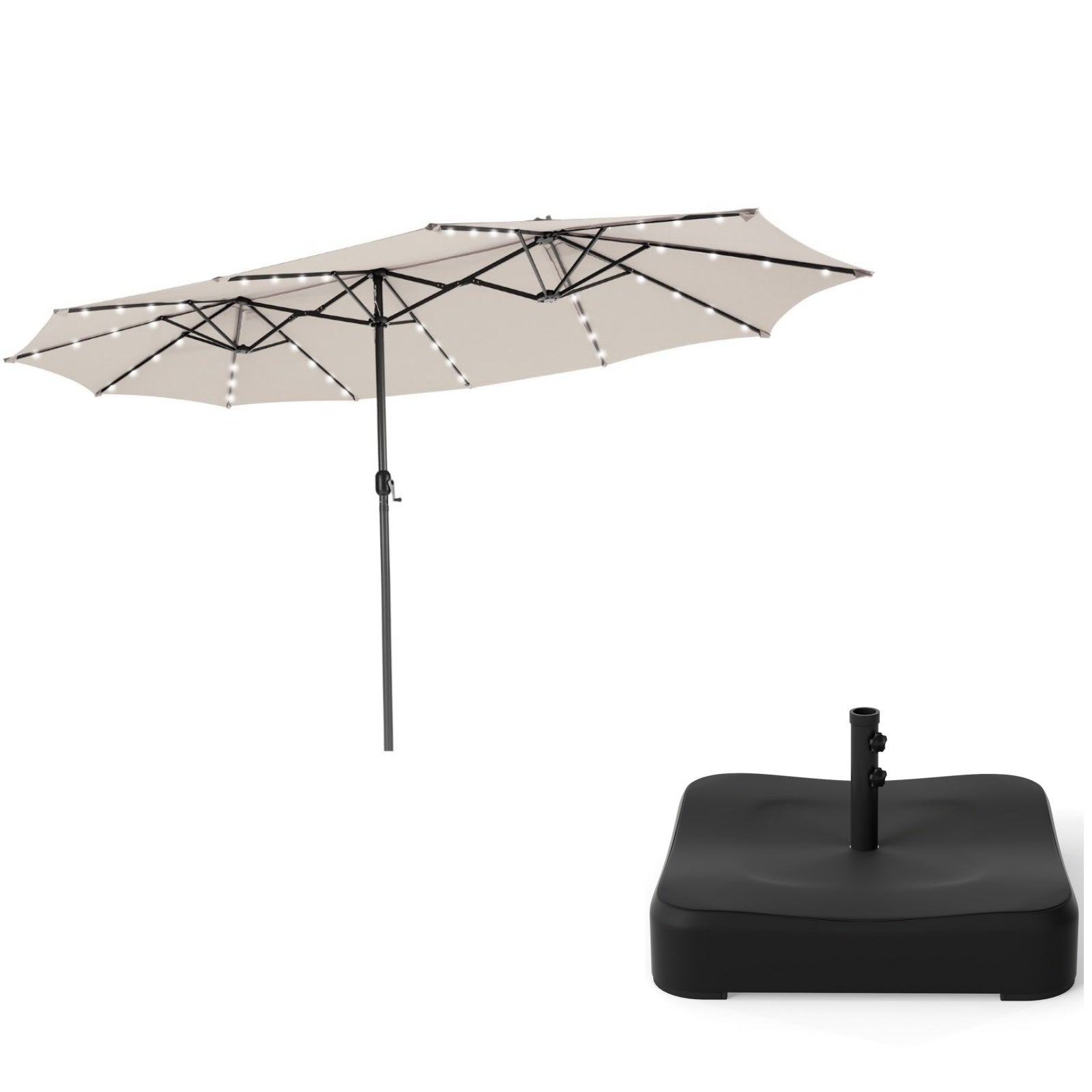 Costway Parasol van 4,70 m met 48 Ledlampjes Beige + Parasolvoet met 2 Zandzakken