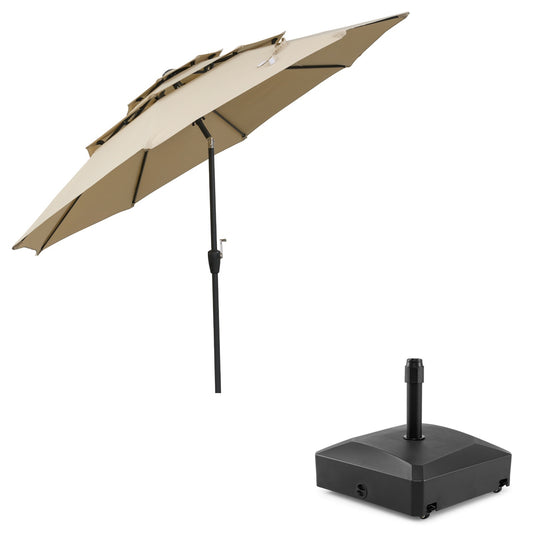 Costway Parasolvoet met een Watercapaciteit van 45 L voor Parasolstokken van 36/38/48 mm + Windbestendige Parasol met Drie Lagen en Slinger Beige