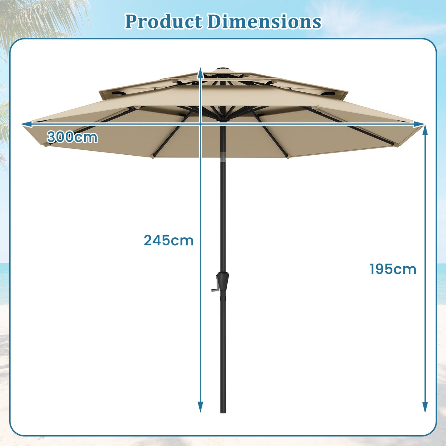 Costway Parasolvoet met een Watercapaciteit van 45 L voor Parasolstokken van 36/38/48 mm + Windbestendige Parasol met Drie Lagen en Slinger Beige