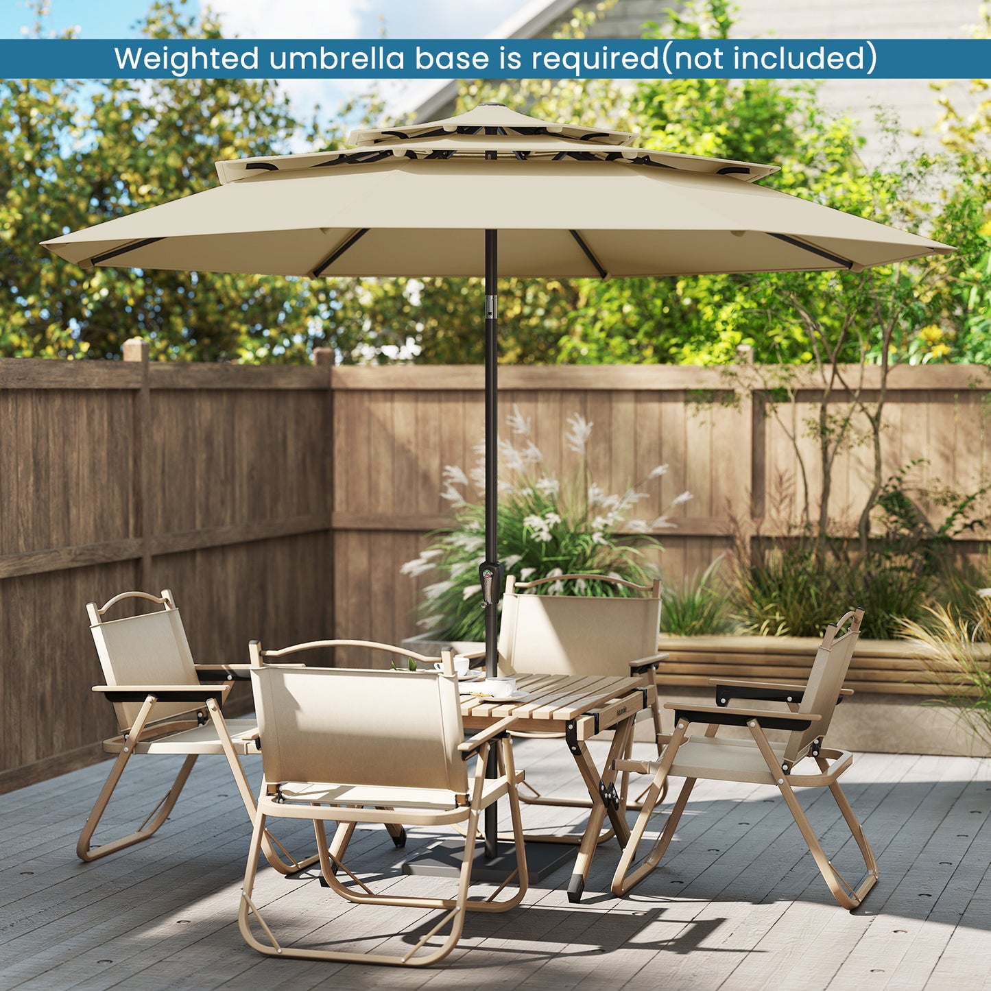 Costway Parasolvoet met een Watercapaciteit van 45 L voor Parasolstokken van 36/38/48 mm + Windbestendige Parasol met Drie Lagen en Slinger Beige