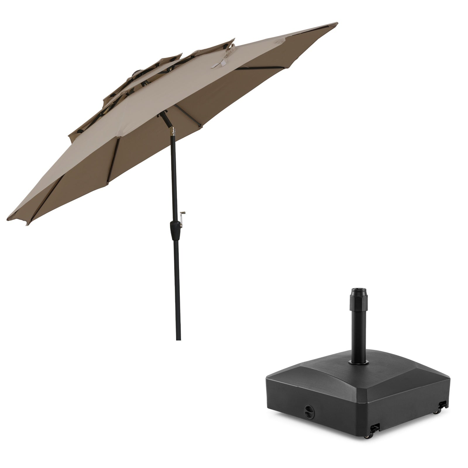 Costway Parasolvoet met een Watercapaciteit van 45 L voor Parasolstokken van 36/38/48 mm + Windbestendige Parasol met Drie Lagen en Slinger Bruin