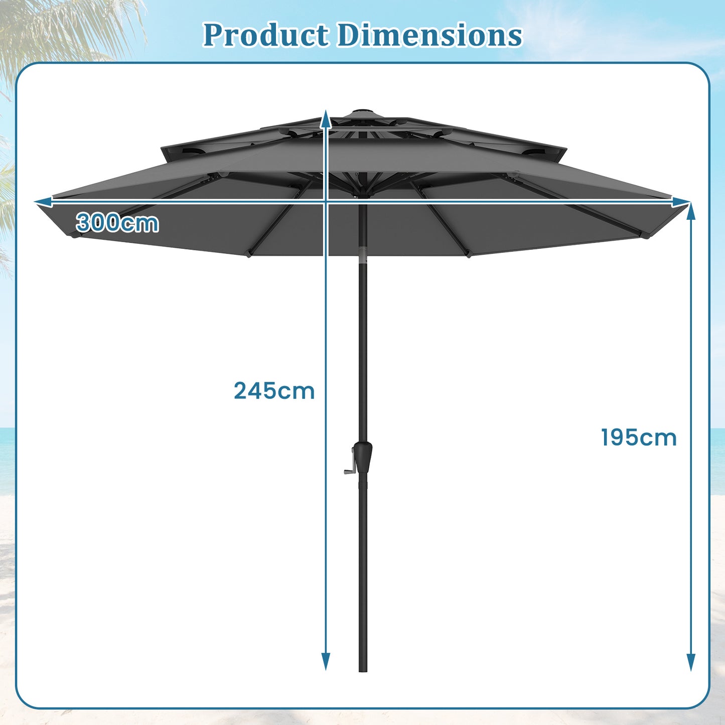 Costway Parasolvoet met een Watercapaciteit van 45 L voor Parasolstokken van 36/38/48 mm + Windbestendige Parasol met Drie Lagen en Slinger Grijs