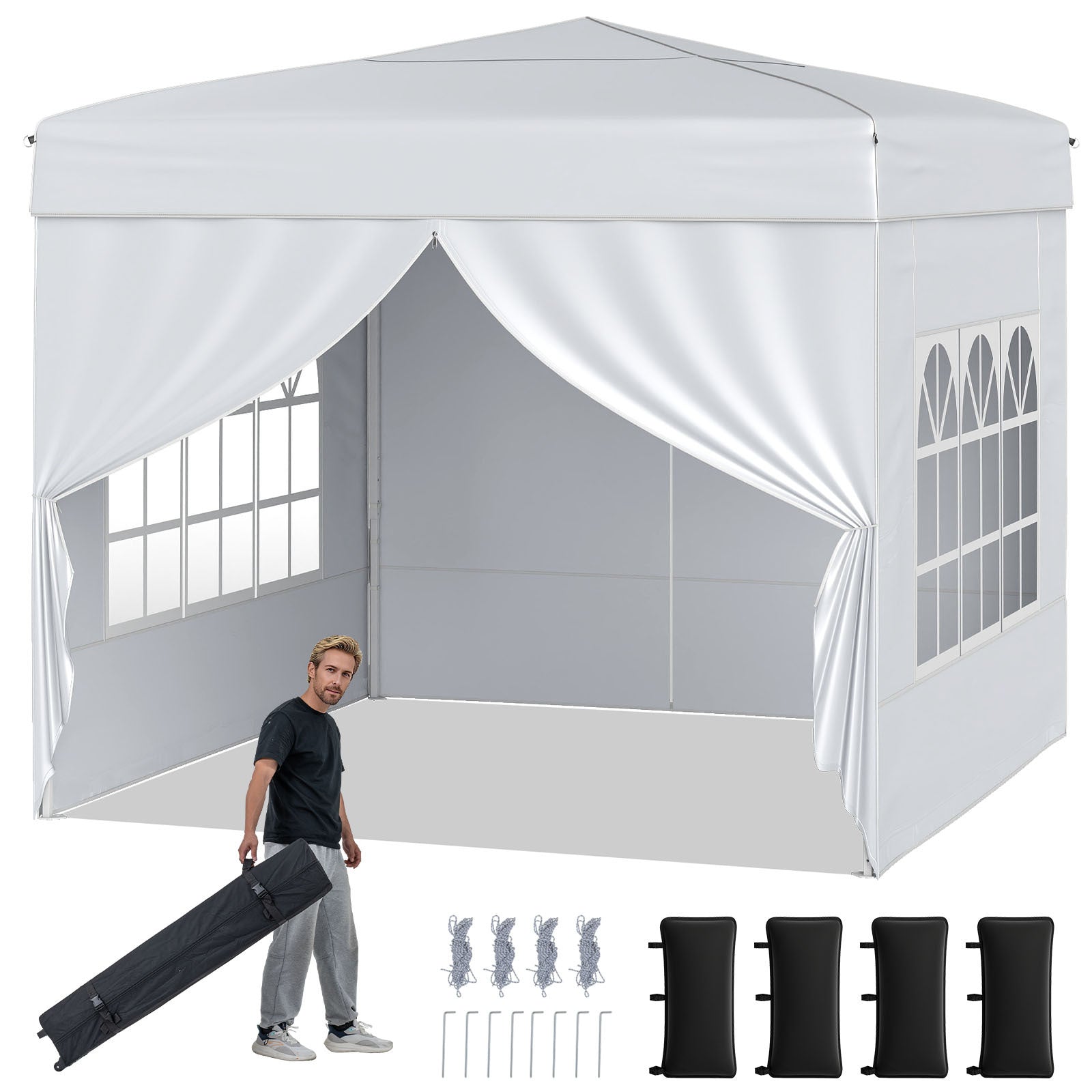 Costway Paviljoen 3 x 3 m Pop-up Vouwpaviljoen met 4 Afneembare Zijwanden 3-voudig in Hoogte Verstelbare Partytent
