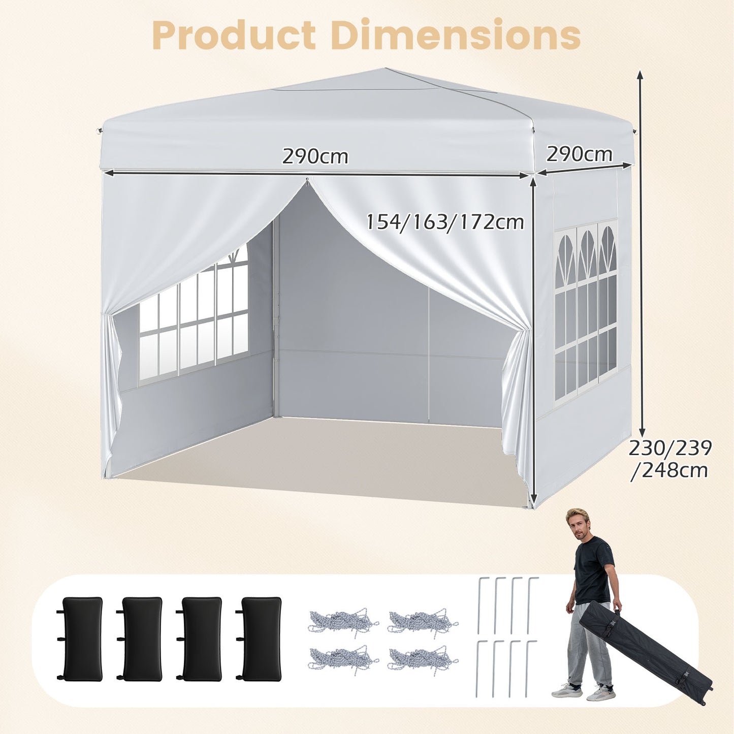 Costway Paviljoen 3 x 3 m Pop-up Vouwpaviljoen met 4 Afneembare Zijwanden 3-voudig in Hoogte Verstelbare Partytent