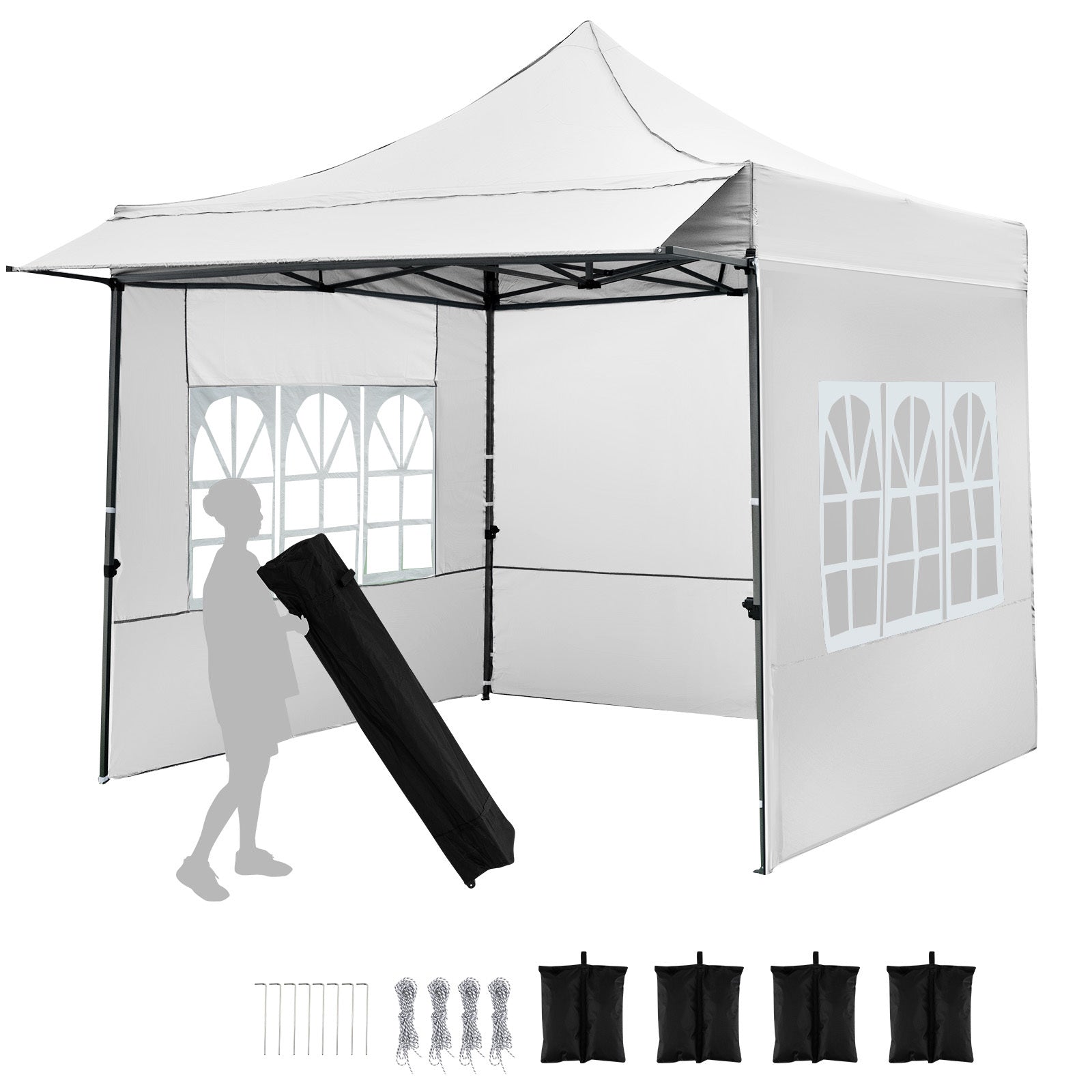 Costway Paviljoen 3x3 m Pop-up Tuinpaviljoen met 3 Zijwanden en 3-Traps Hoogteverstelling Wit