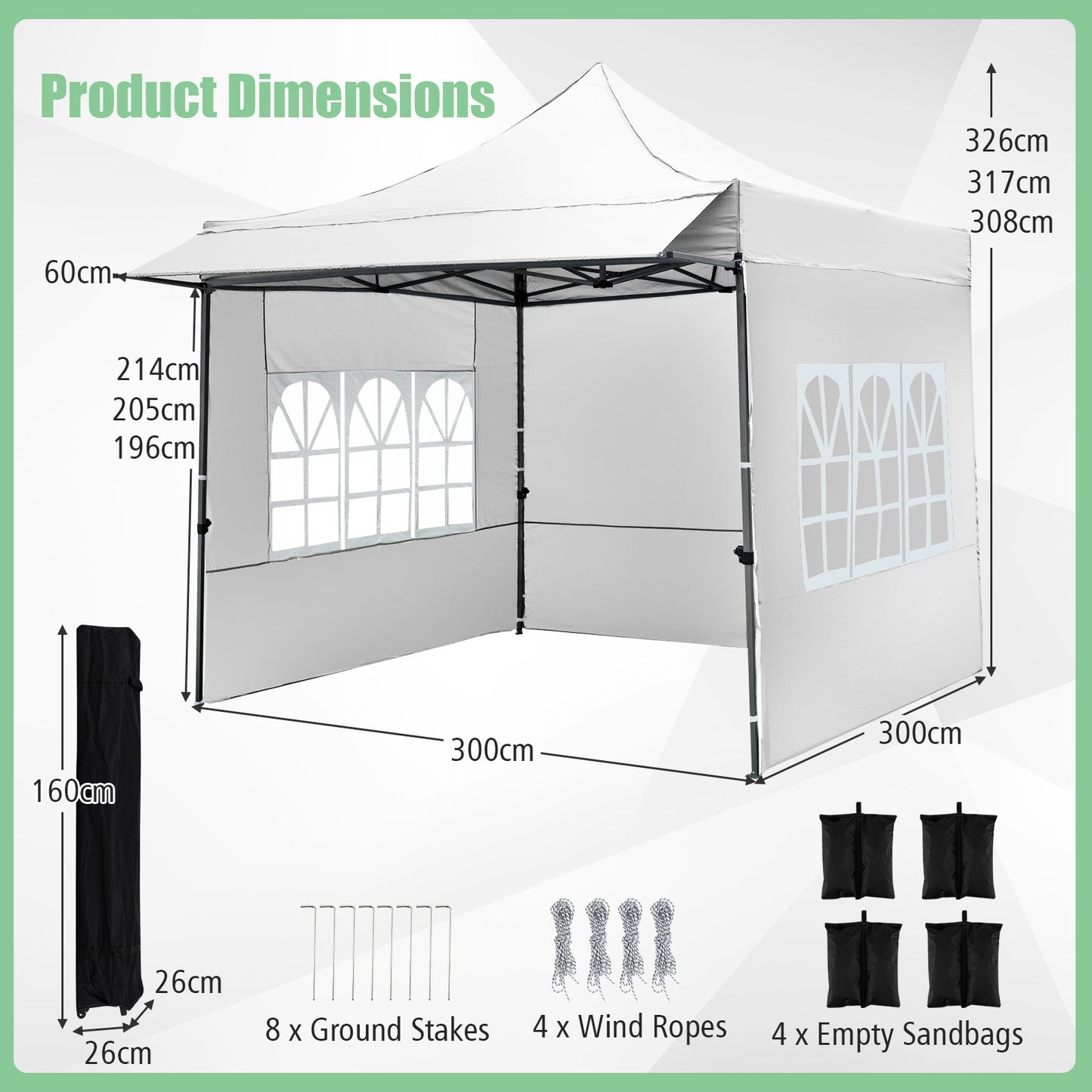 Costway Paviljoen 3x3 m Pop-up Tuinpaviljoen met 3 Zijwanden en 3-Traps Hoogteverstelling Wit