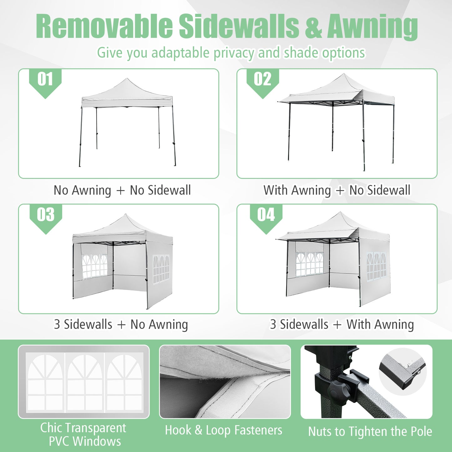 Costway Paviljoen 3x3 m Pop-up Tuinpaviljoen met 3 Zijwanden en 3-Traps Hoogteverstelling Wit