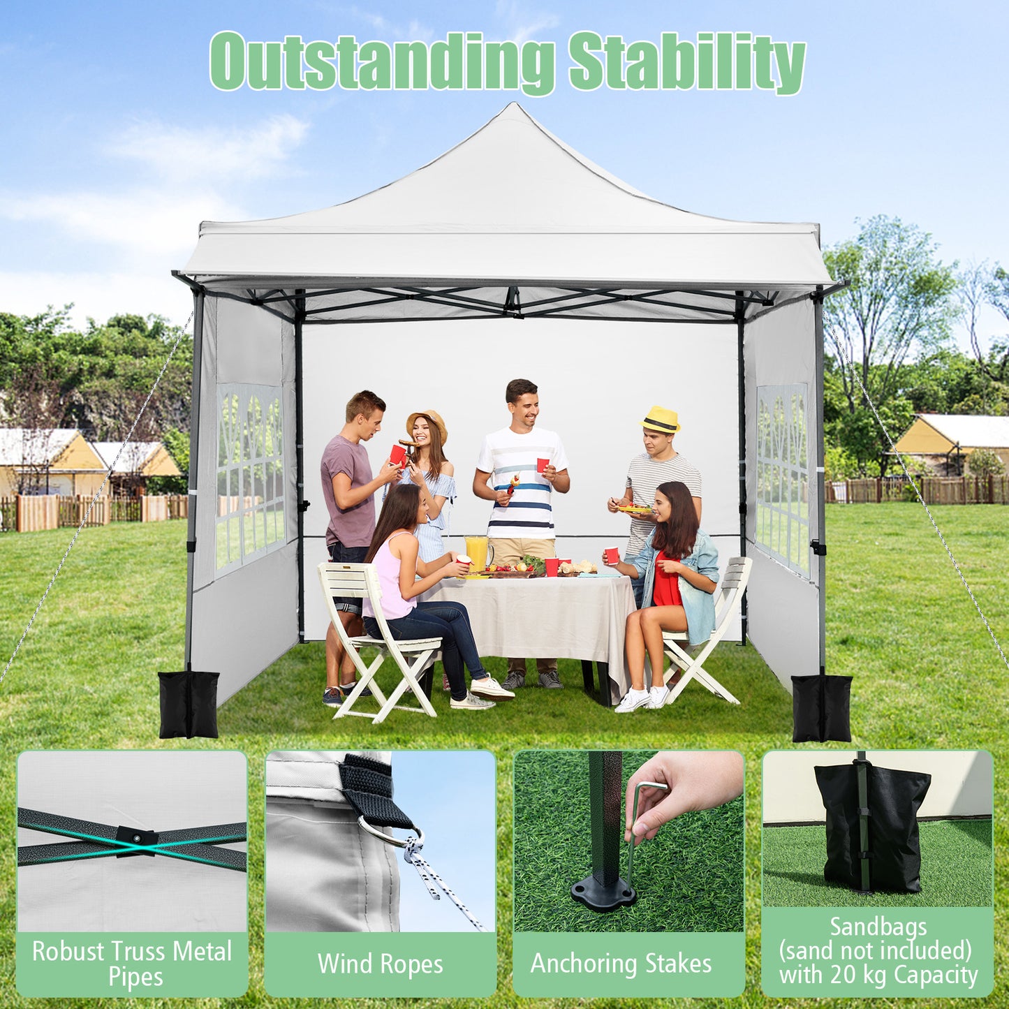 Costway Paviljoen 3x3 m Pop-up Tuinpaviljoen met 3 Zijwanden en 3-Traps Hoogteverstelling Wit