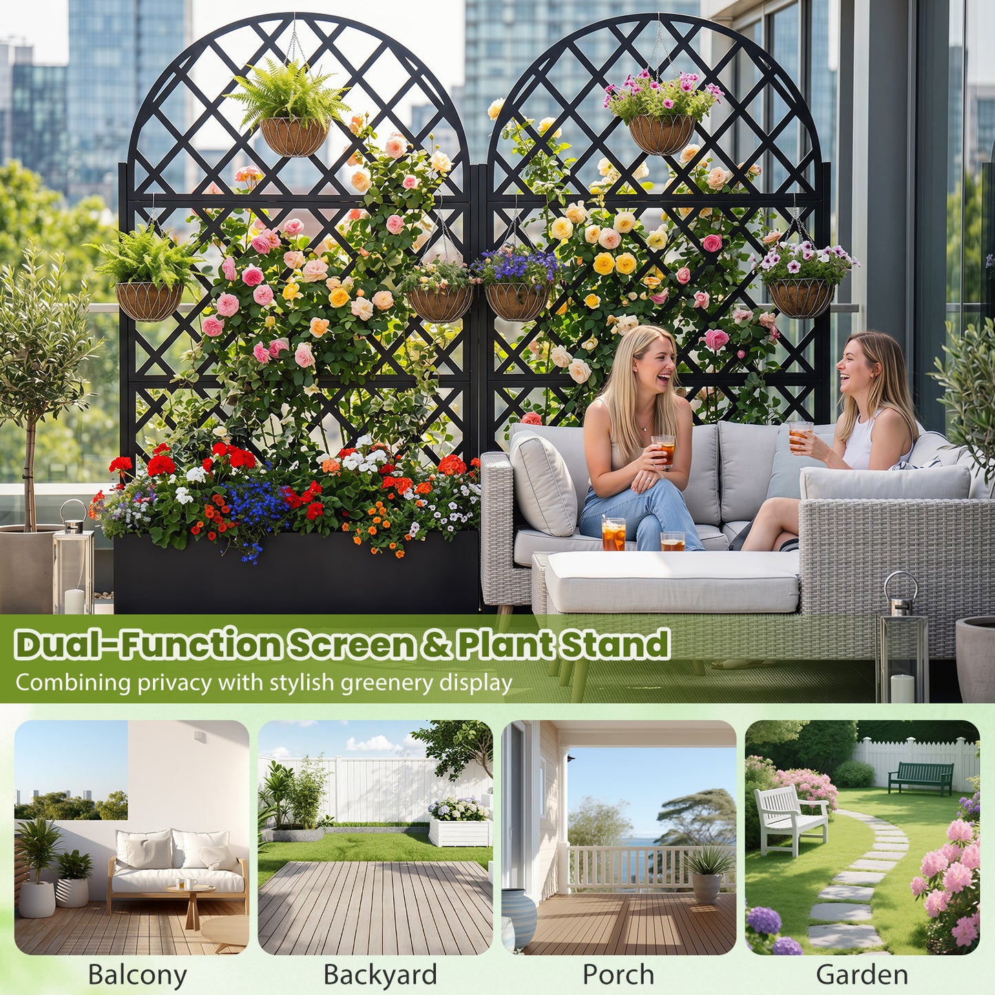 Costway Plantenbak met Klimrek Privacybescherming met Bloembak van Metaal Tuinscherm met Afvoergaten Klimsteun voor Klimplanten voor Tuin terras Balkon  Zwart